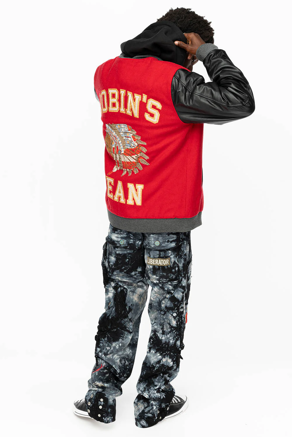 ROBIN’S WOOL & LEATHER VARSITY BOMBER JACKET IN RED/BLACK - Image 4