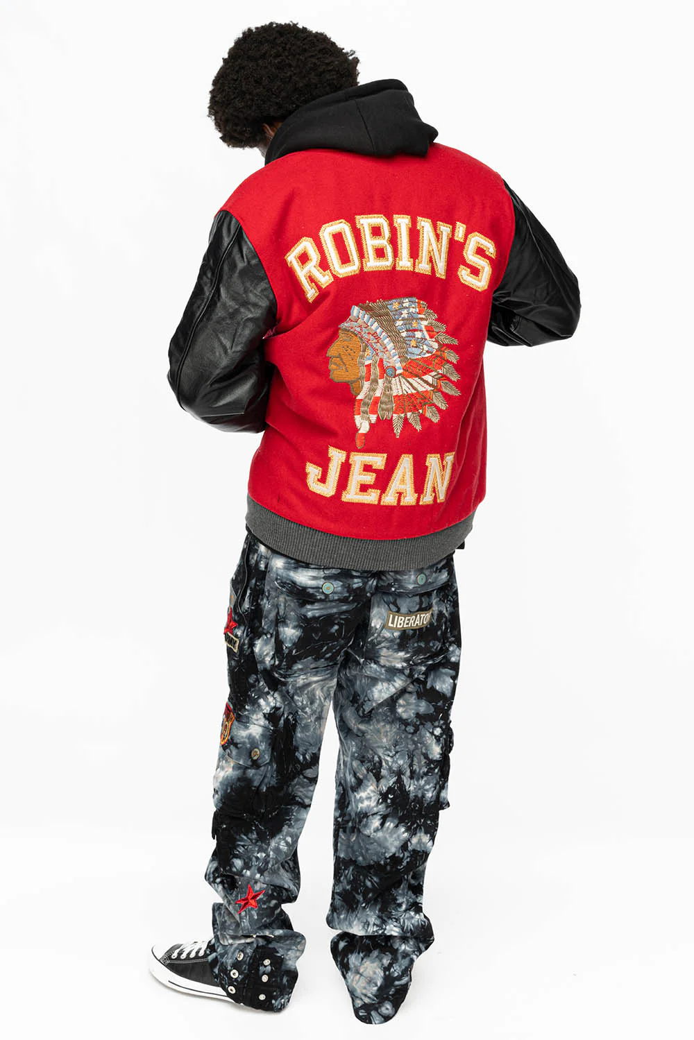 ROBIN’S WOOL & LEATHER VARSITY BOMBER JACKET IN RED/BLACK - Image 5