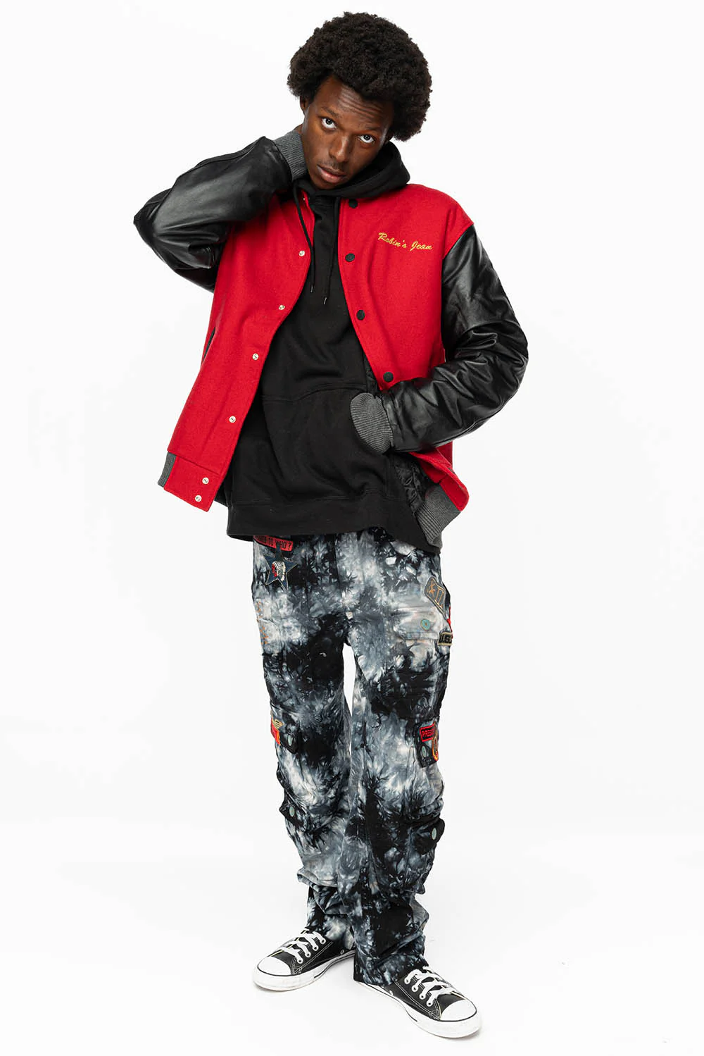 ROBIN’S WOOL & LEATHER VARSITY BOMBER JACKET IN RED/BLACK - Image 6