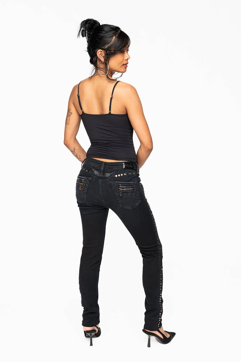 ROBIN'S BIKER WOMENS JEANS IN BROKEN EBONY BLACK EMBELLISHED WITH STUDS AND CRYSTALS - Image 12