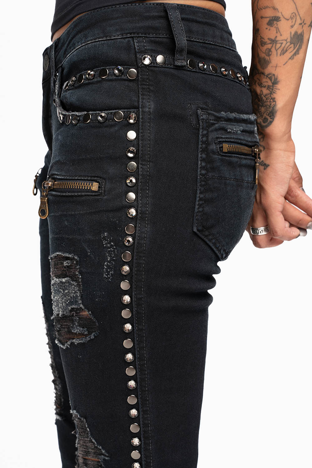 ROBIN'S BIKER WOMENS JEANS IN BROKEN EBONY BLACK EMBELLISHED WITH STUDS AND CRYSTALS - Image 3