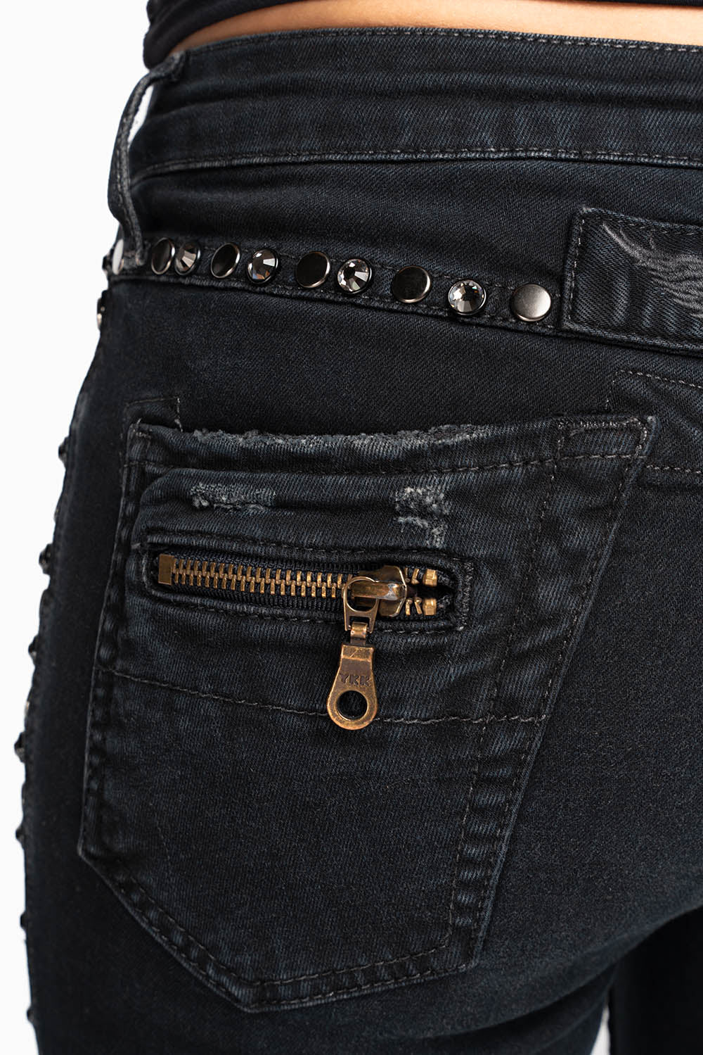 ROBIN'S BIKER WOMENS JEANS IN BROKEN EBONY BLACK EMBELLISHED WITH STUDS AND CRYSTALS - Image 4