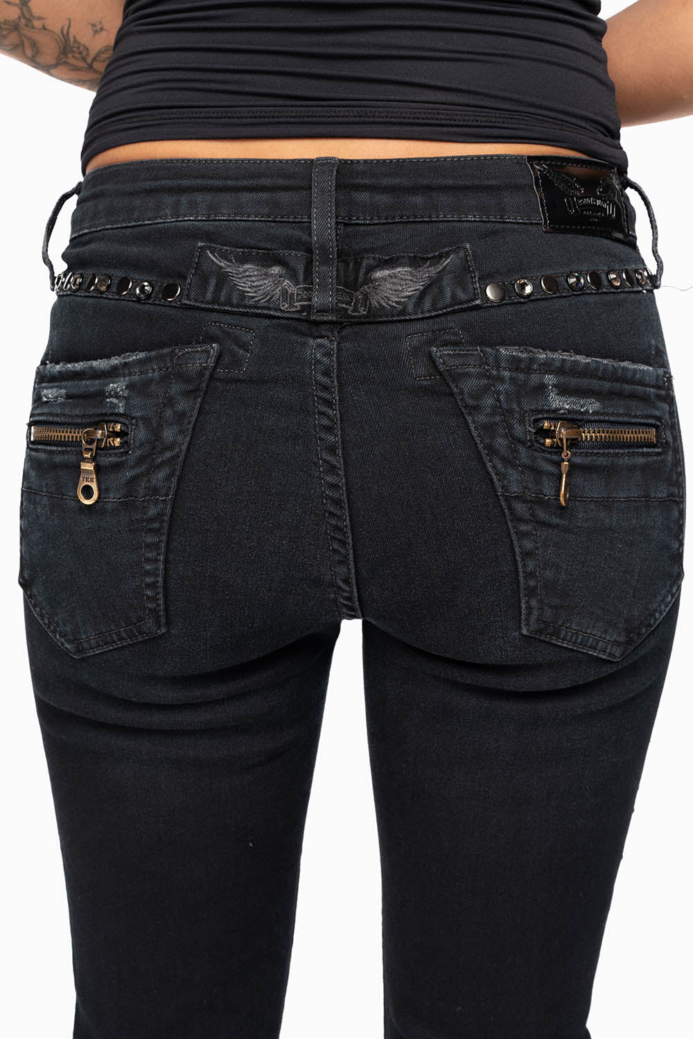 ROBIN'S BIKER WOMENS JEANS IN BROKEN EBONY BLACK EMBELLISHED WITH STUDS AND CRYSTALS - Image 5
