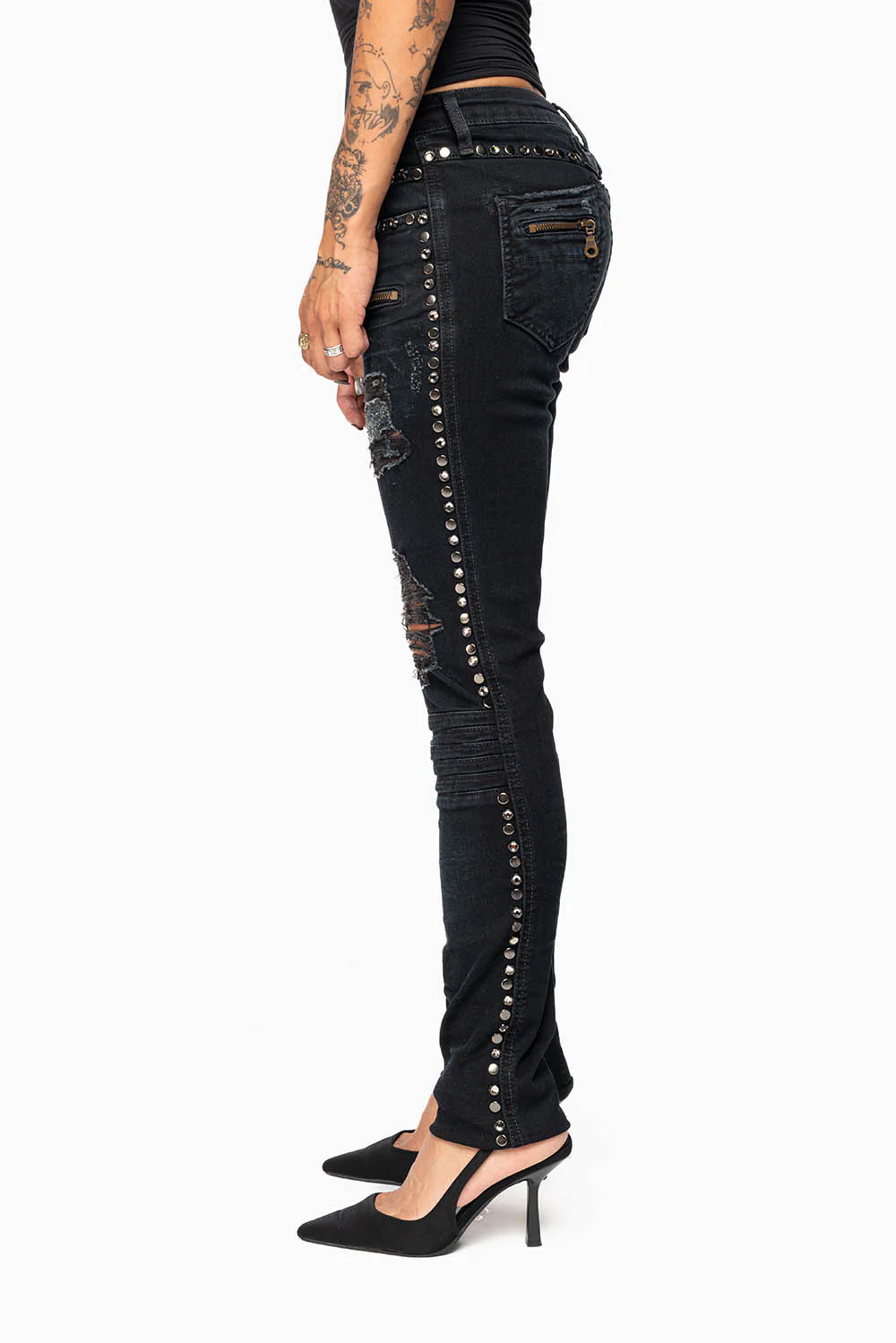 ROBIN'S BIKER WOMENS JEANS IN BROKEN EBONY BLACK EMBELLISHED WITH STUDS AND CRYSTALS - Image 6