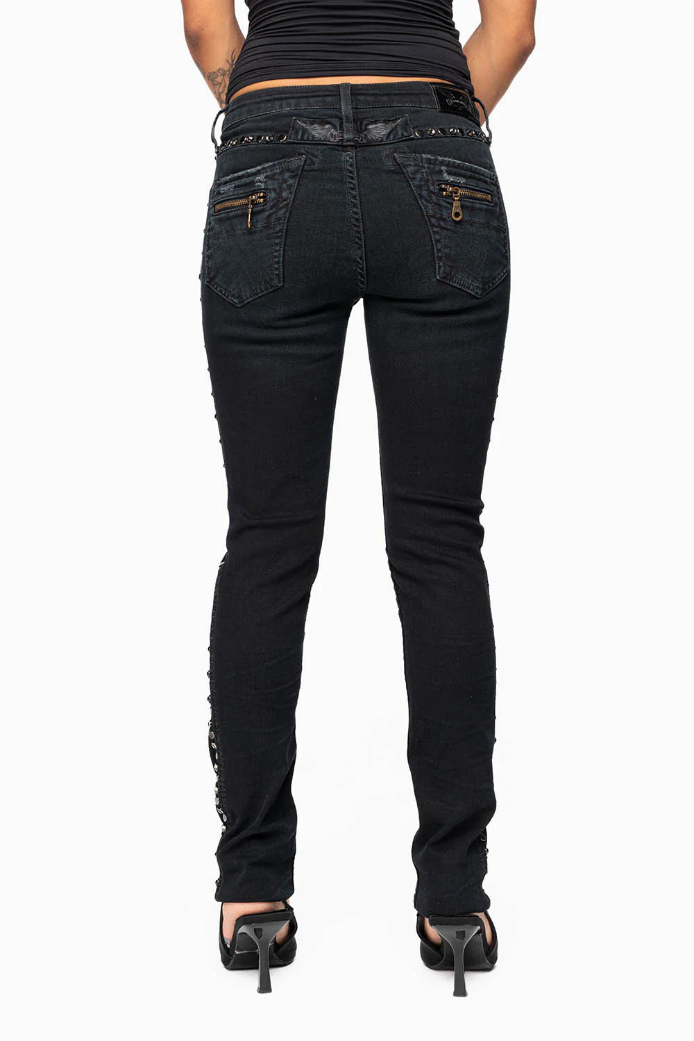 ROBIN'S BIKER WOMENS JEANS IN BROKEN EBONY BLACK EMBELLISHED WITH STUDS AND CRYSTALS - Image 7