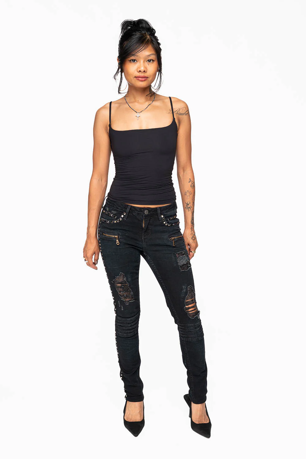 ROBIN'S BIKER WOMENS JEANS IN BROKEN EBONY BLACK EMBELLISHED WITH STUDS AND CRYSTALS - Image 9