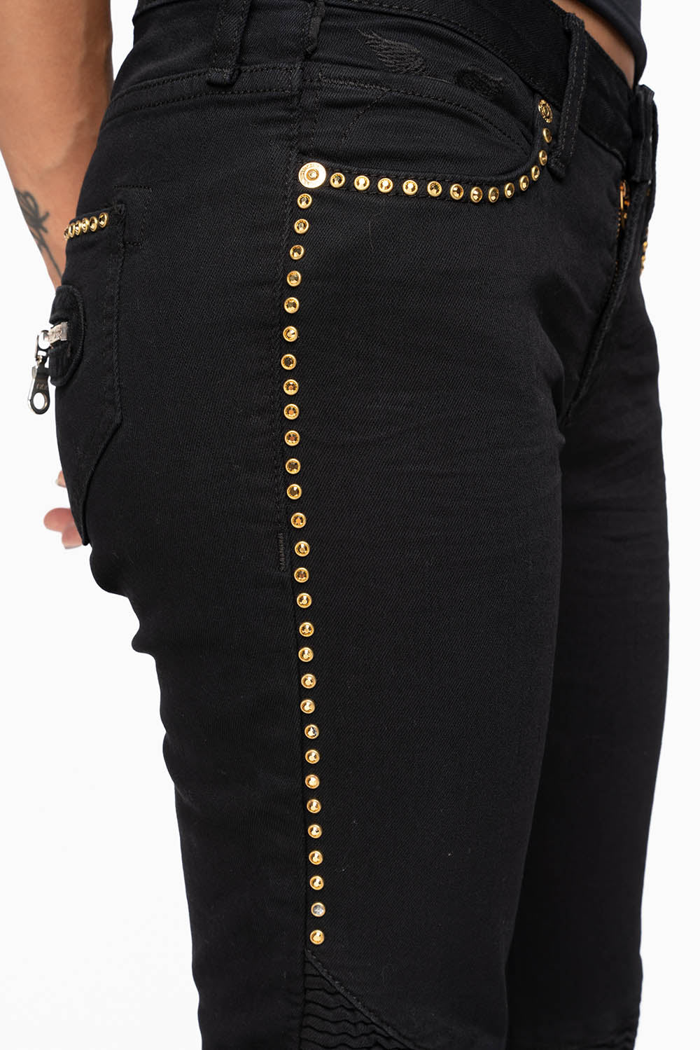 ROBIN'S BIKER WOMENS JEANS IN PURE BLACK EMBELLISHED WITH  GOLD CRYSTALS - Image 2