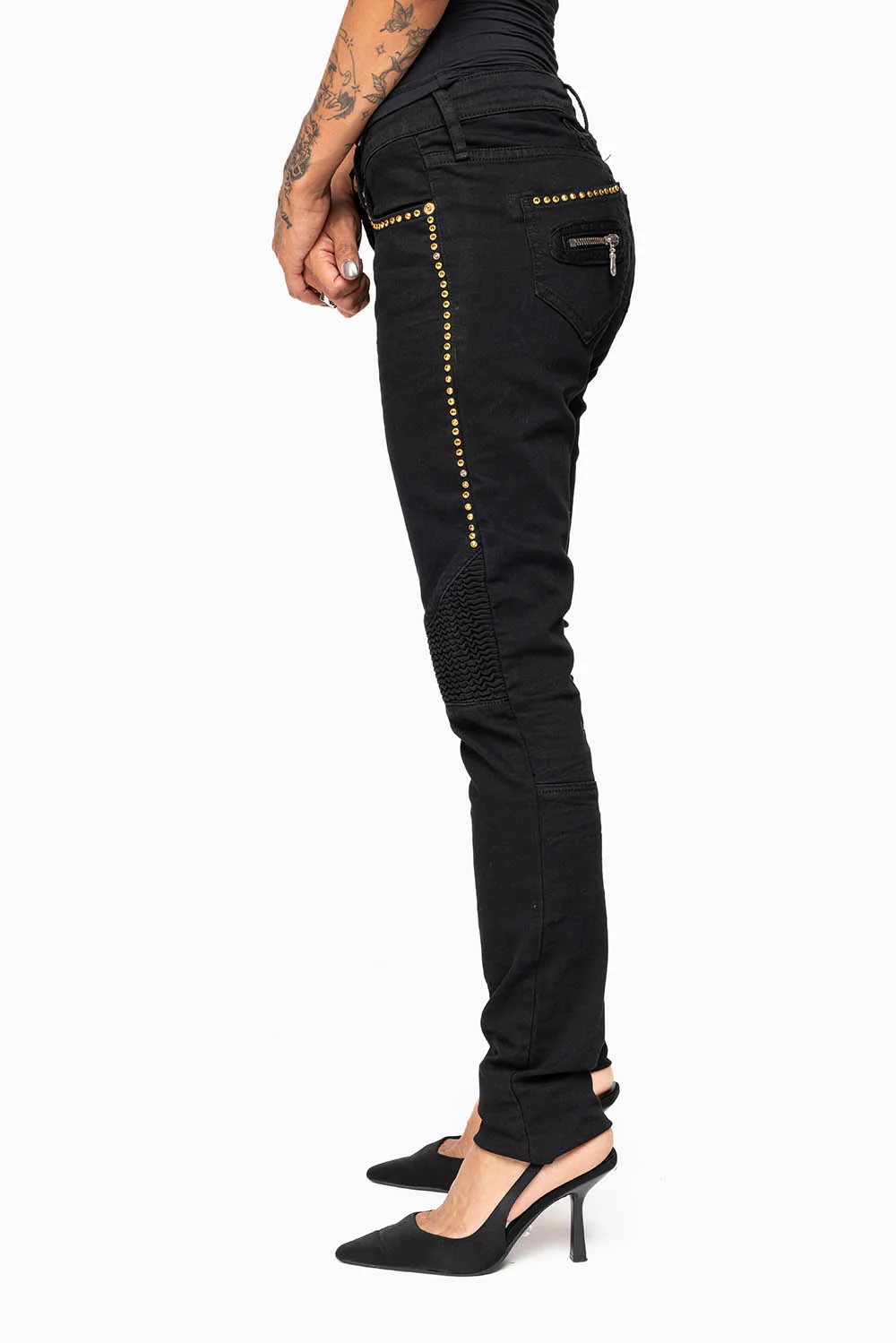 ROBIN'S BIKER WOMENS JEANS IN PURE BLACK EMBELLISHED WITH  GOLD CRYSTALS - Image 3