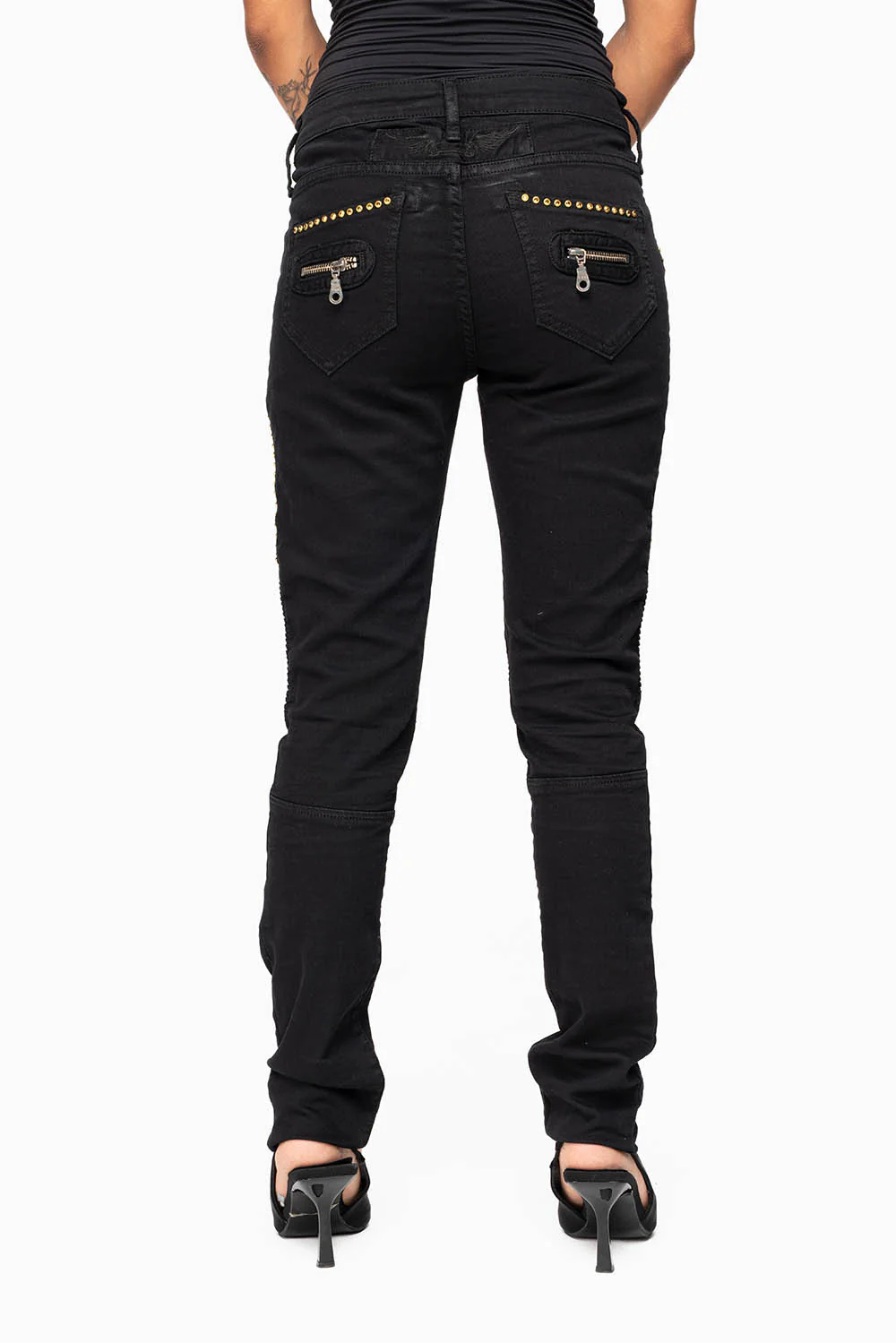ROBIN'S BIKER WOMENS JEANS IN PURE BLACK EMBELLISHED WITH  GOLD CRYSTALS - Image 4