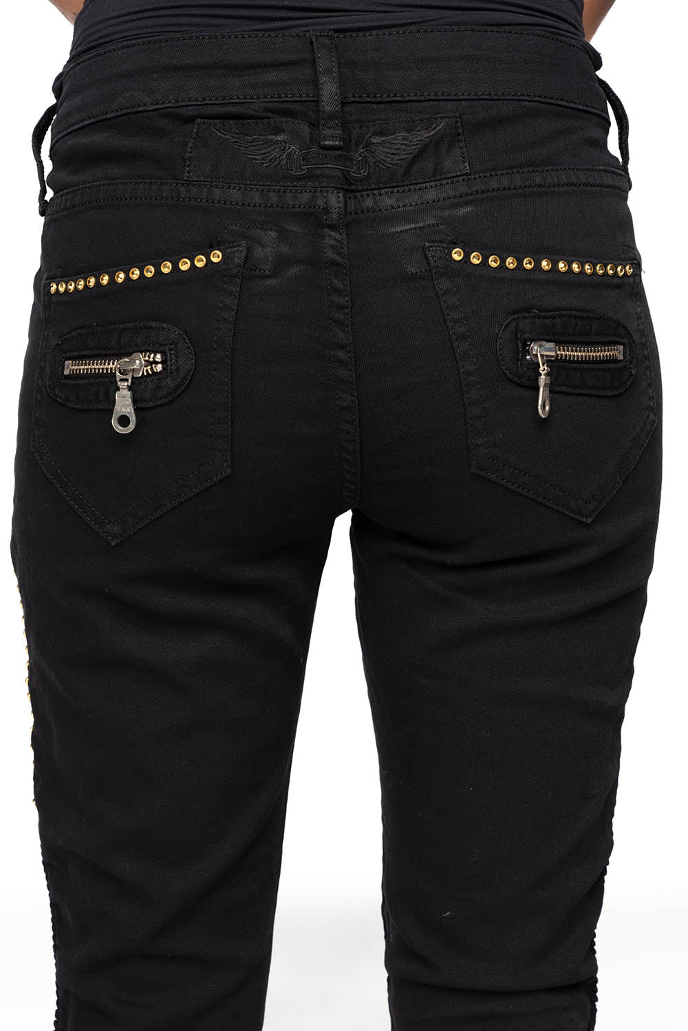 ROBIN'S BIKER WOMENS JEANS IN PURE BLACK EMBELLISHED WITH  GOLD CRYSTALS - Image 5