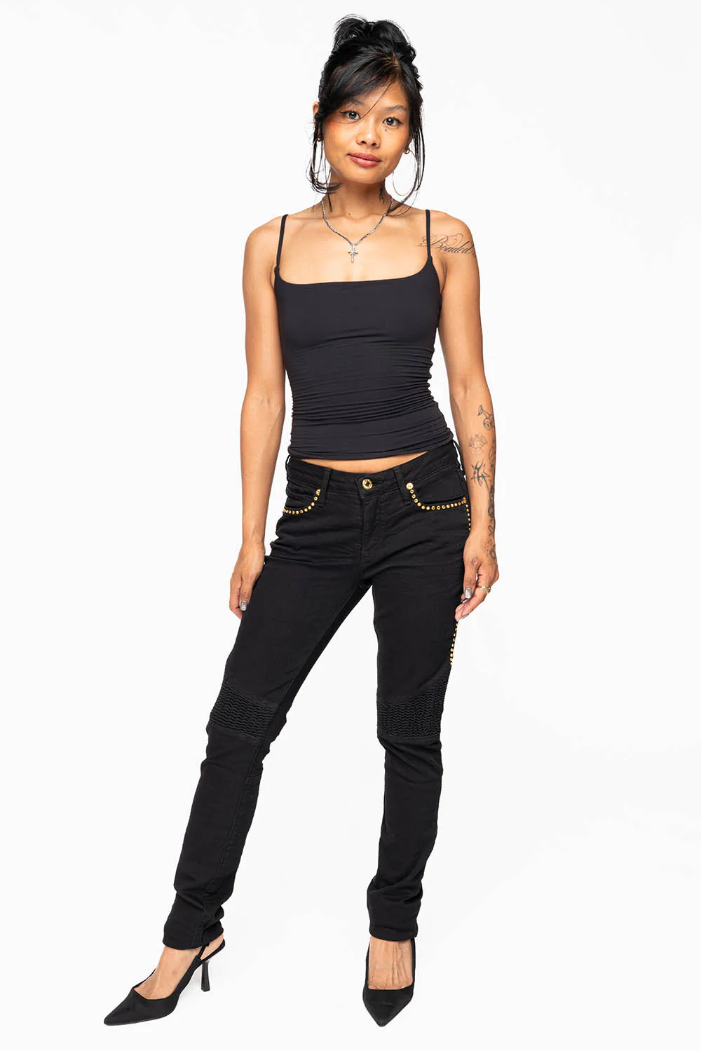 ROBIN'S BIKER WOMENS JEANS IN PURE BLACK EMBELLISHED WITH  GOLD CRYSTALS - Image 6