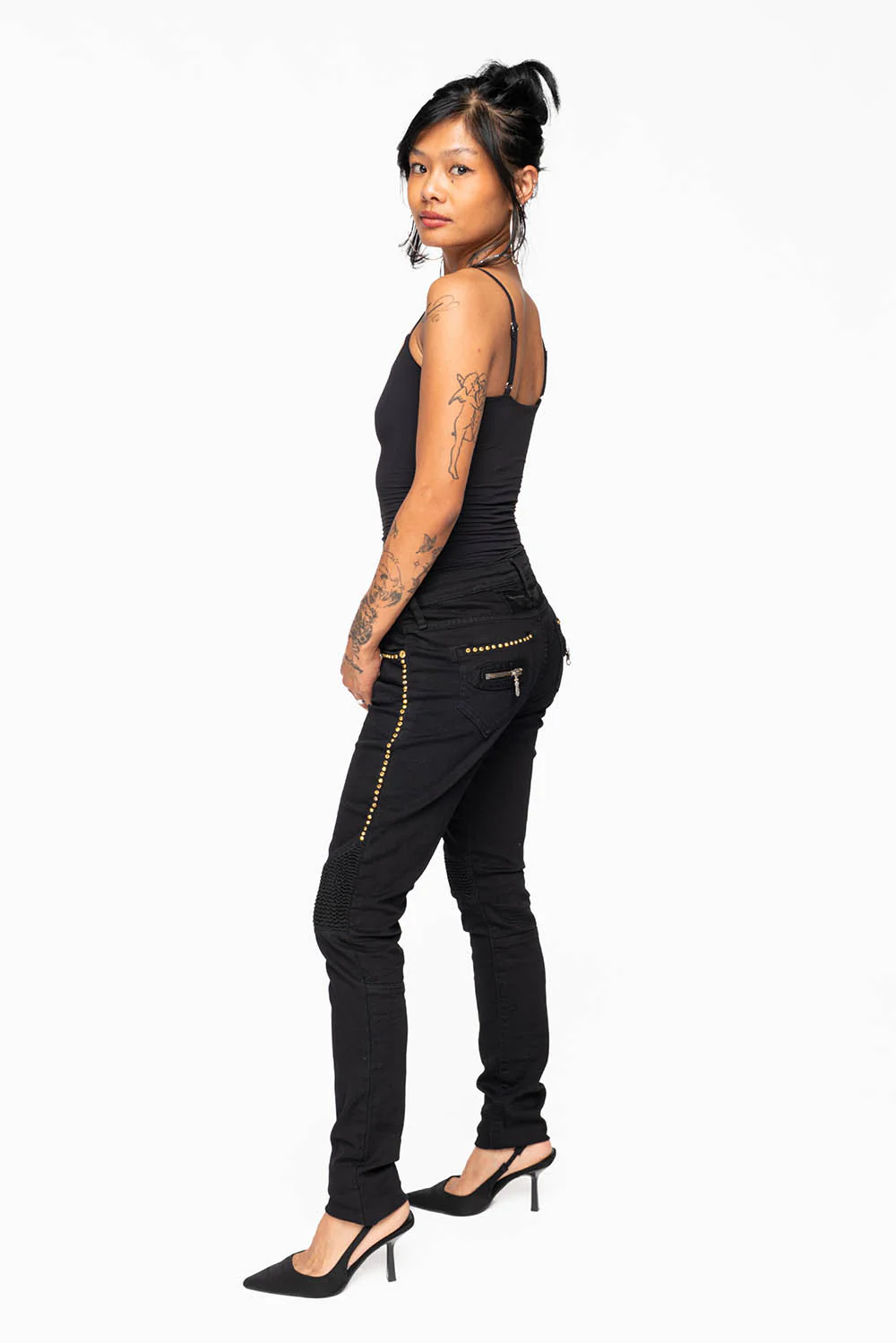 ROBIN'S BIKER WOMENS JEANS IN PURE BLACK EMBELLISHED WITH  GOLD CRYSTALS - Image 7