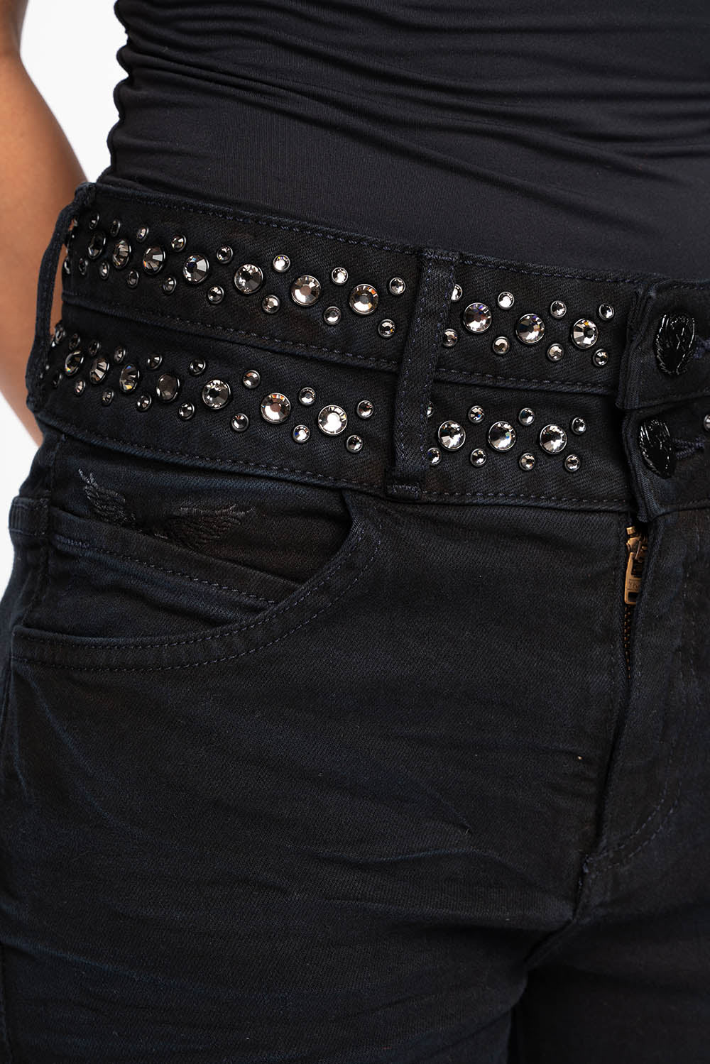 ROBIN'S DOUBLE WAIST SKINNY IN PURE BLACK WITH CRYSTALS - Image 3