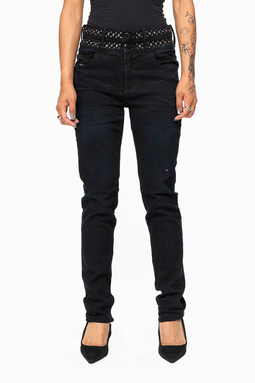 ROBIN'S DOUBLE WAIST SKINNY IN PURE BLACK WITH CRYSTALS - Image 4