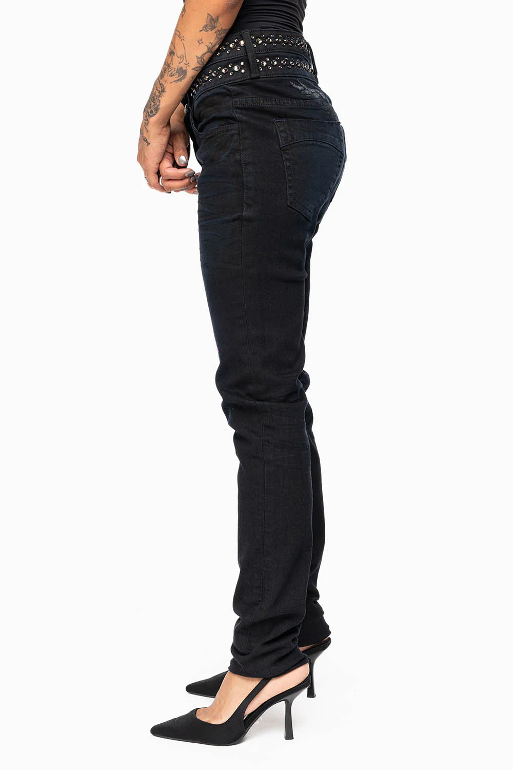 ROBIN'S DOUBLE WAIST SKINNY IN PURE BLACK WITH CRYSTALS - Image 5