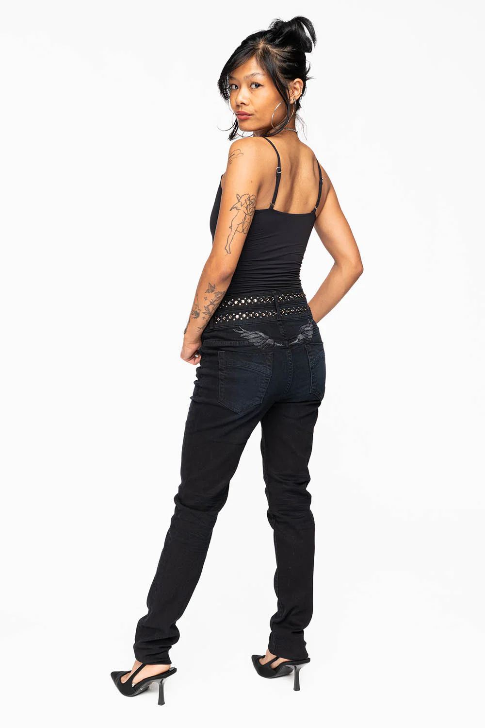 ROBIN'S DOUBLE WAIST SKINNY IN PURE BLACK WITH CRYSTALS - Image 7
