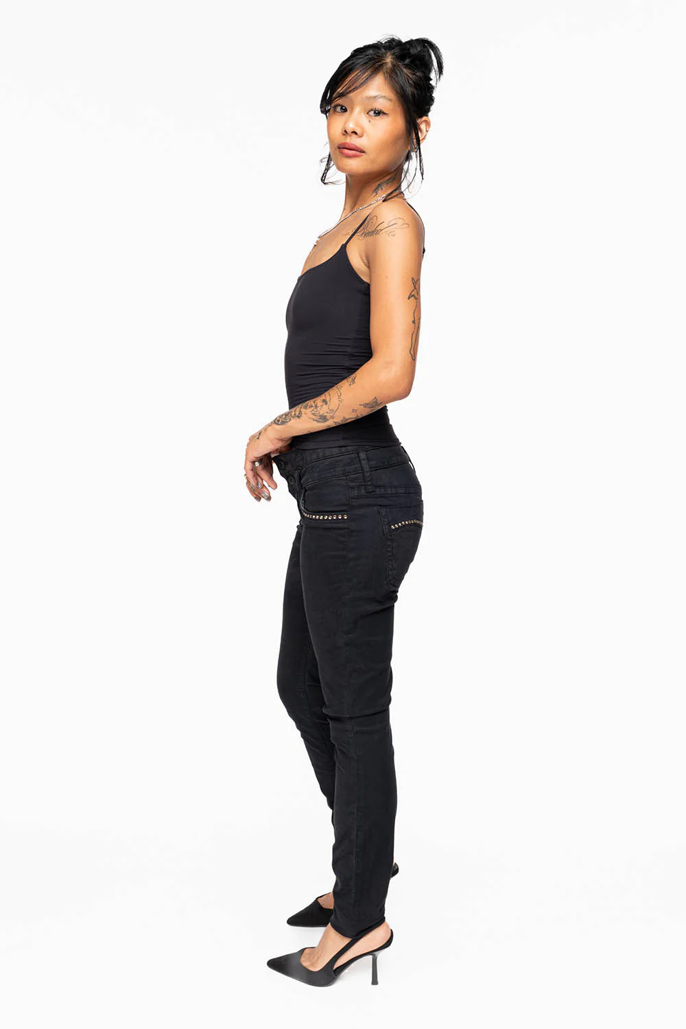 ROBIN'S DOUBLE WAIST SKINNY IN PURE BLK  WITH STUDS AND CRYSTALS - Image 11