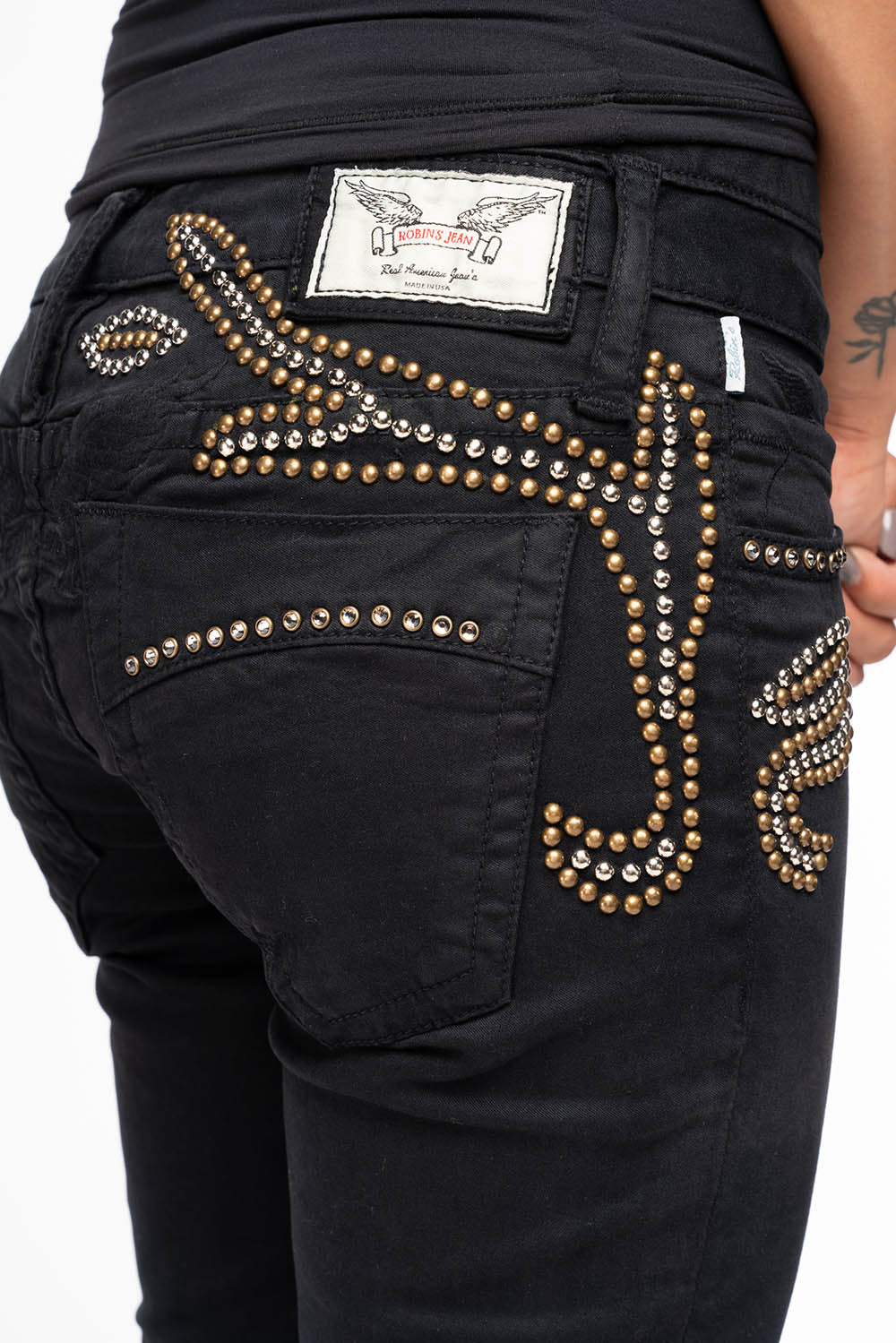 ROBIN'S DOUBLE WAIST SKINNY IN PURE BLK  WITH STUDS AND CRYSTALS - Image 2