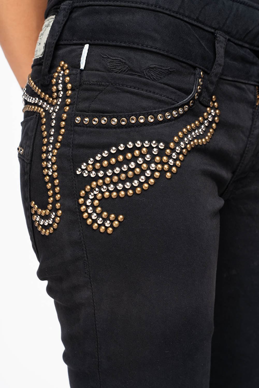 ROBIN'S DOUBLE WAIST SKINNY IN PURE BLK  WITH STUDS AND CRYSTALS - Image 3