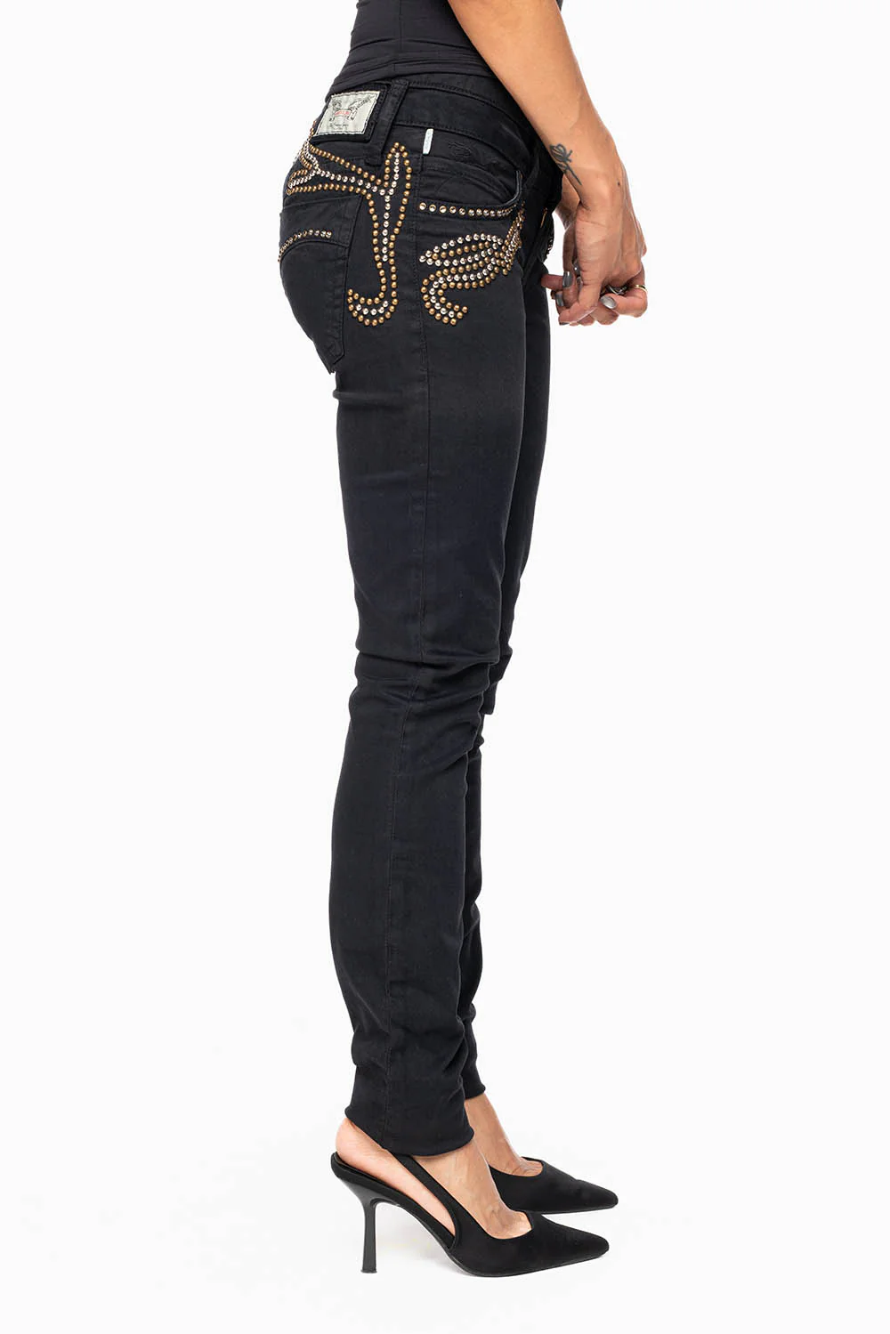 ROBIN'S DOUBLE WAIST SKINNY IN PURE BLK  WITH STUDS AND CRYSTALS - Image 4