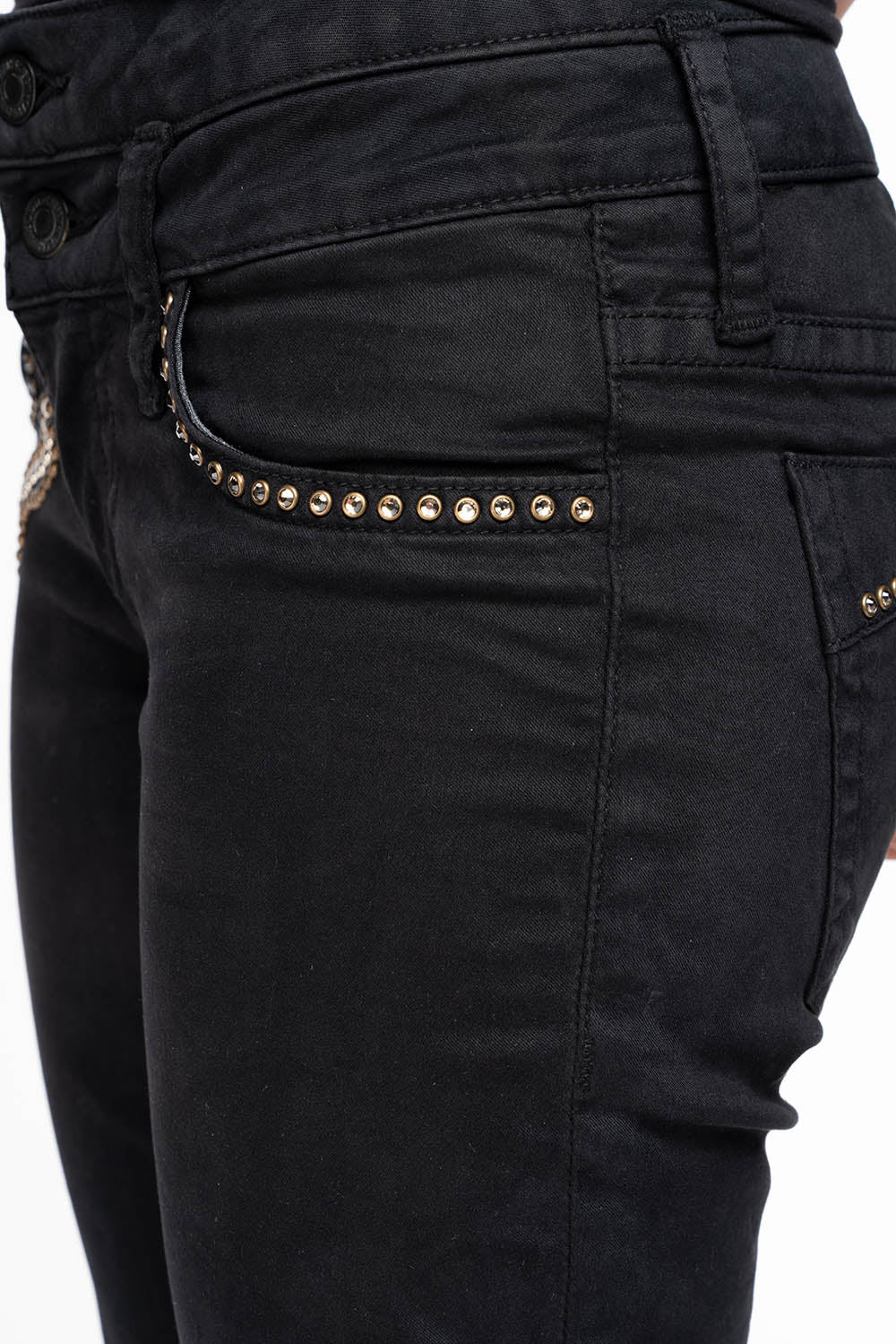 ROBIN'S DOUBLE WAIST SKINNY IN PURE BLK  WITH STUDS AND CRYSTALS - Image 5
