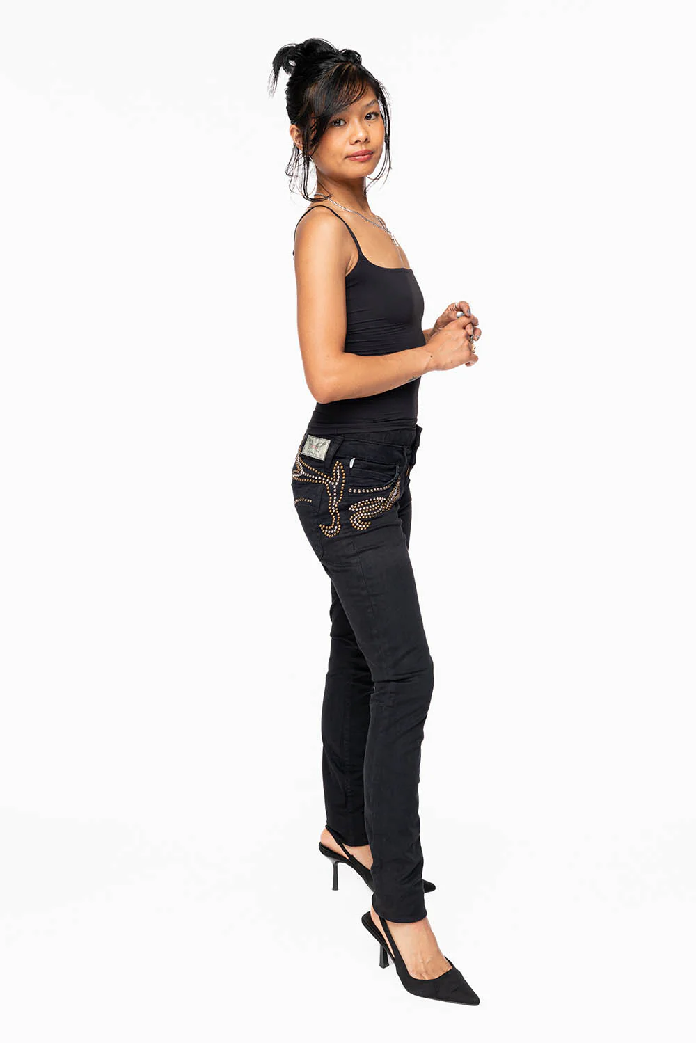 ROBIN'S DOUBLE WAIST SKINNY IN PURE BLK  WITH STUDS AND CRYSTALS - Image 9
