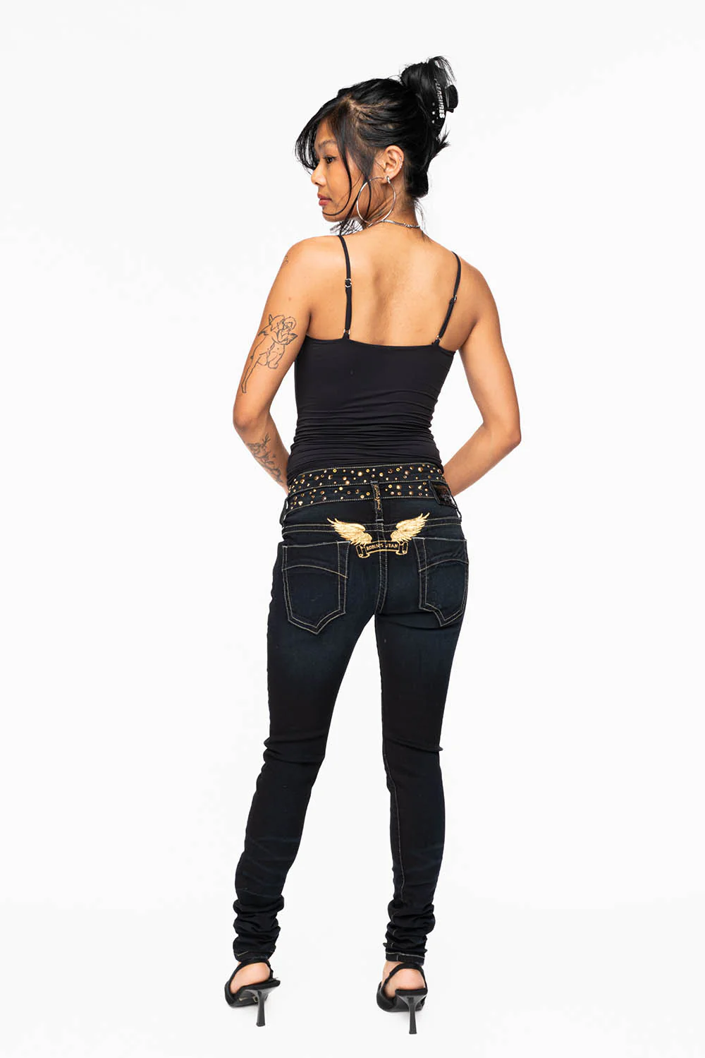 ROBIN'S DOUBLE WAIST SKINNY JEAN IN EBONY BROKEN BLACK WASH WITH CRYSTALS, SPIKES & NAILHEADS - Image 11