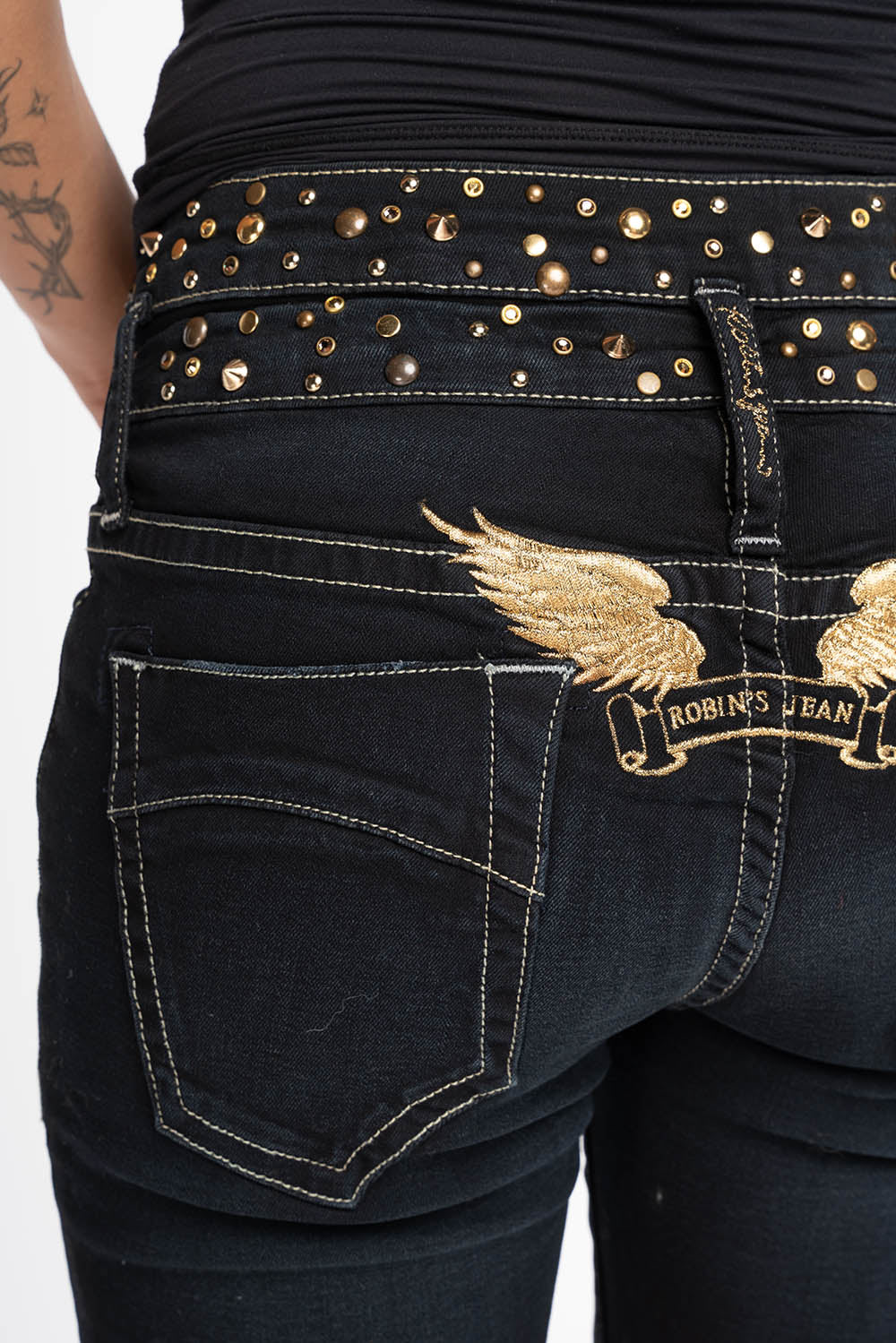 ROBIN'S DOUBLE WAIST SKINNY JEAN IN EBONY BROKEN BLACK WASH WITH CRYSTALS, SPIKES & NAILHEADS - Image 5