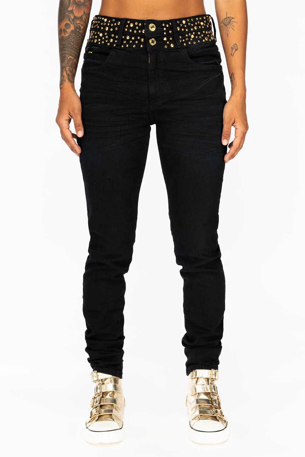 ROBIN'S DOUBLE WAIST SKINNY JEAN IN F-UP BLACK WITH CRYSTALS, SPIKES & NAILHEADS - Image 2