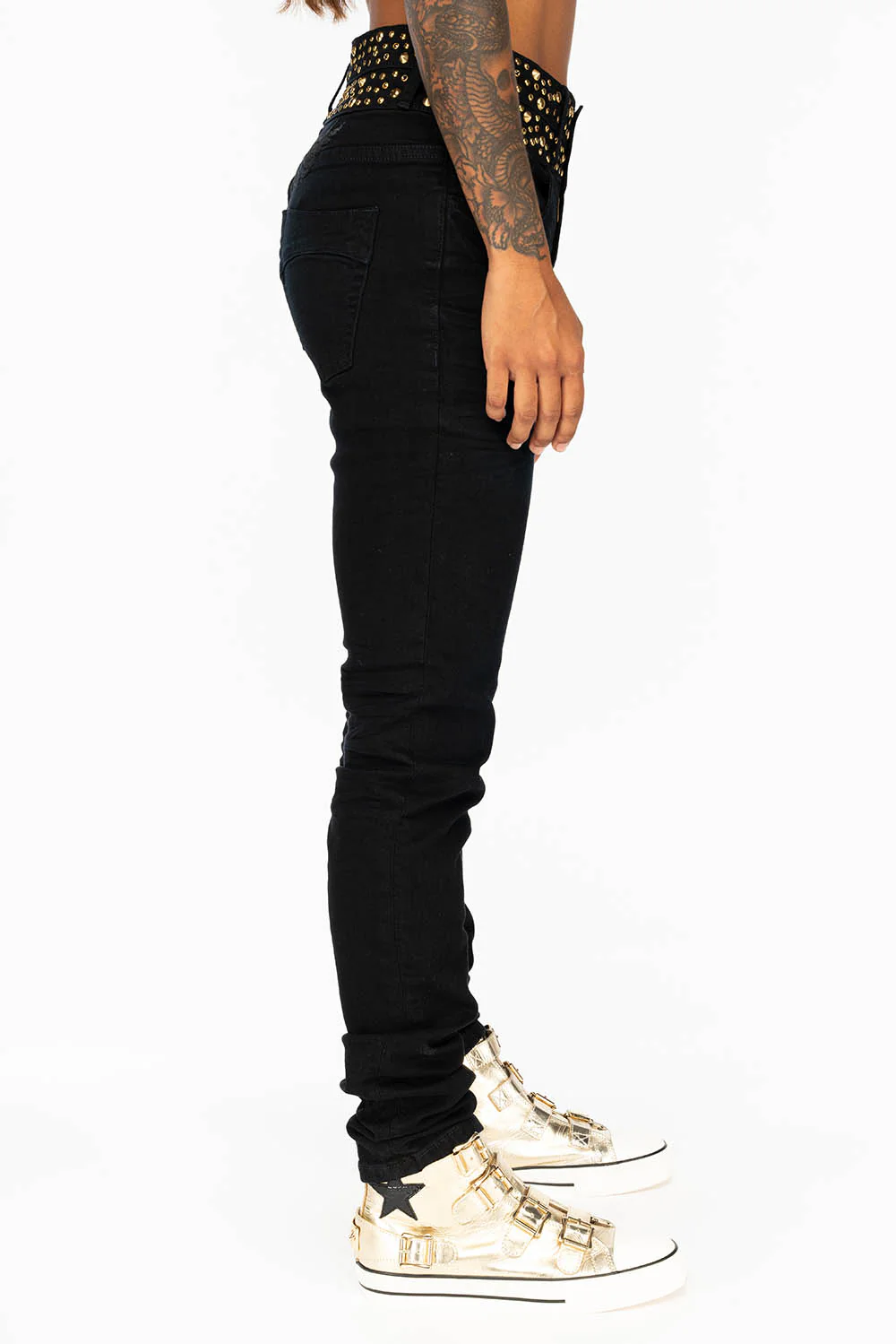 ROBIN'S DOUBLE WAIST SKINNY JEAN IN F-UP BLACK WITH CRYSTALS, SPIKES & NAILHEADS - Image 3