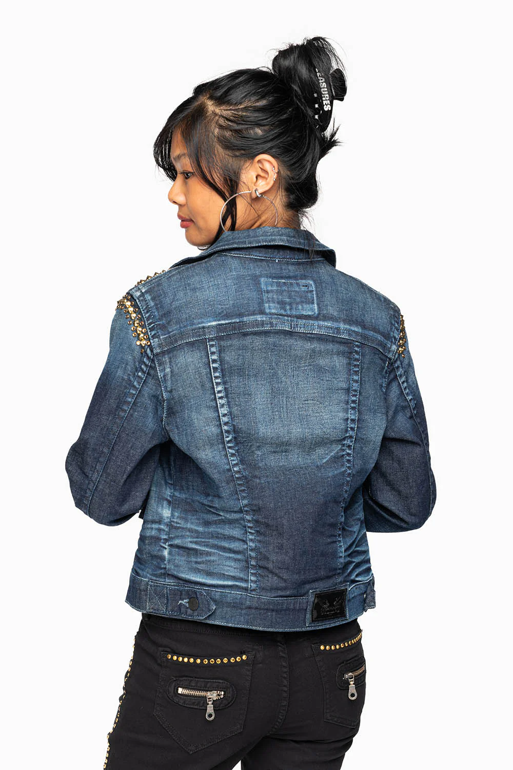 ROBIN'S JEAN DENIM JACKET IN LIBERTY DARK WASH WITH GOLD STUDS AND CRYSTALS - Image 10