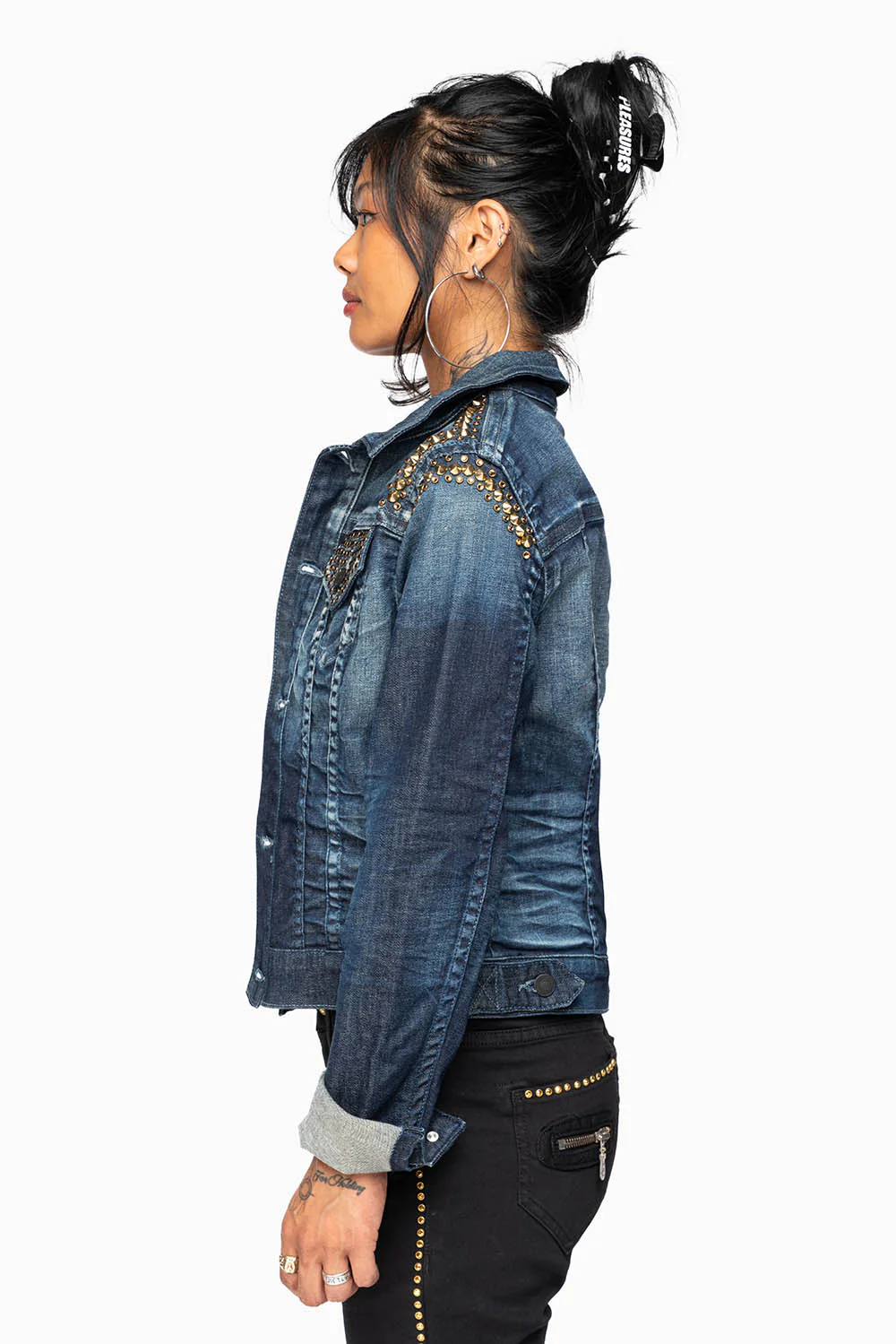 ROBIN'S JEAN DENIM JACKET IN LIBERTY DARK WASH WITH GOLD STUDS AND CRYSTALS - Image 5