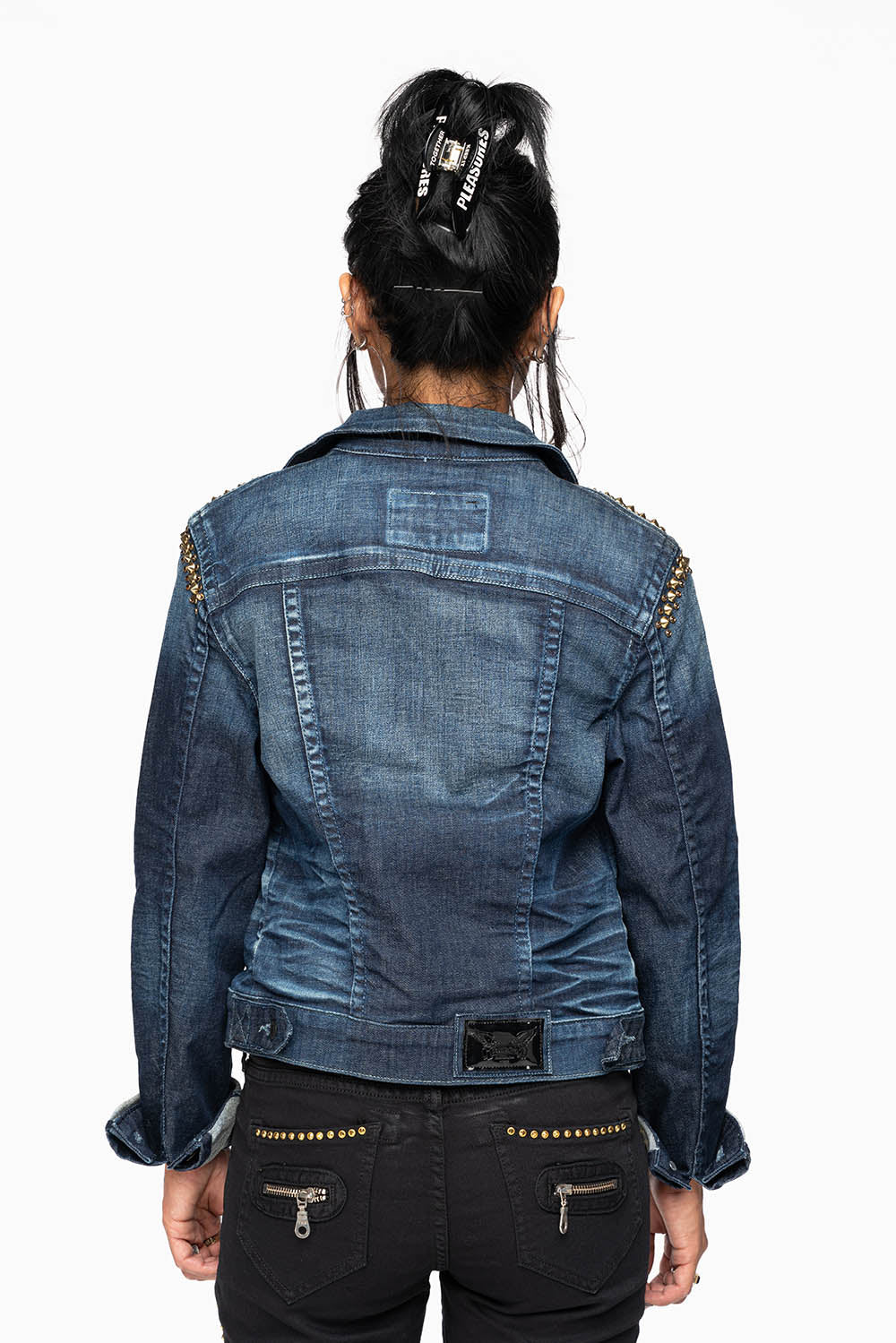 ROBIN'S JEAN DENIM JACKET IN LIBERTY DARK WASH WITH GOLD STUDS AND CRYSTALS - Image 6
