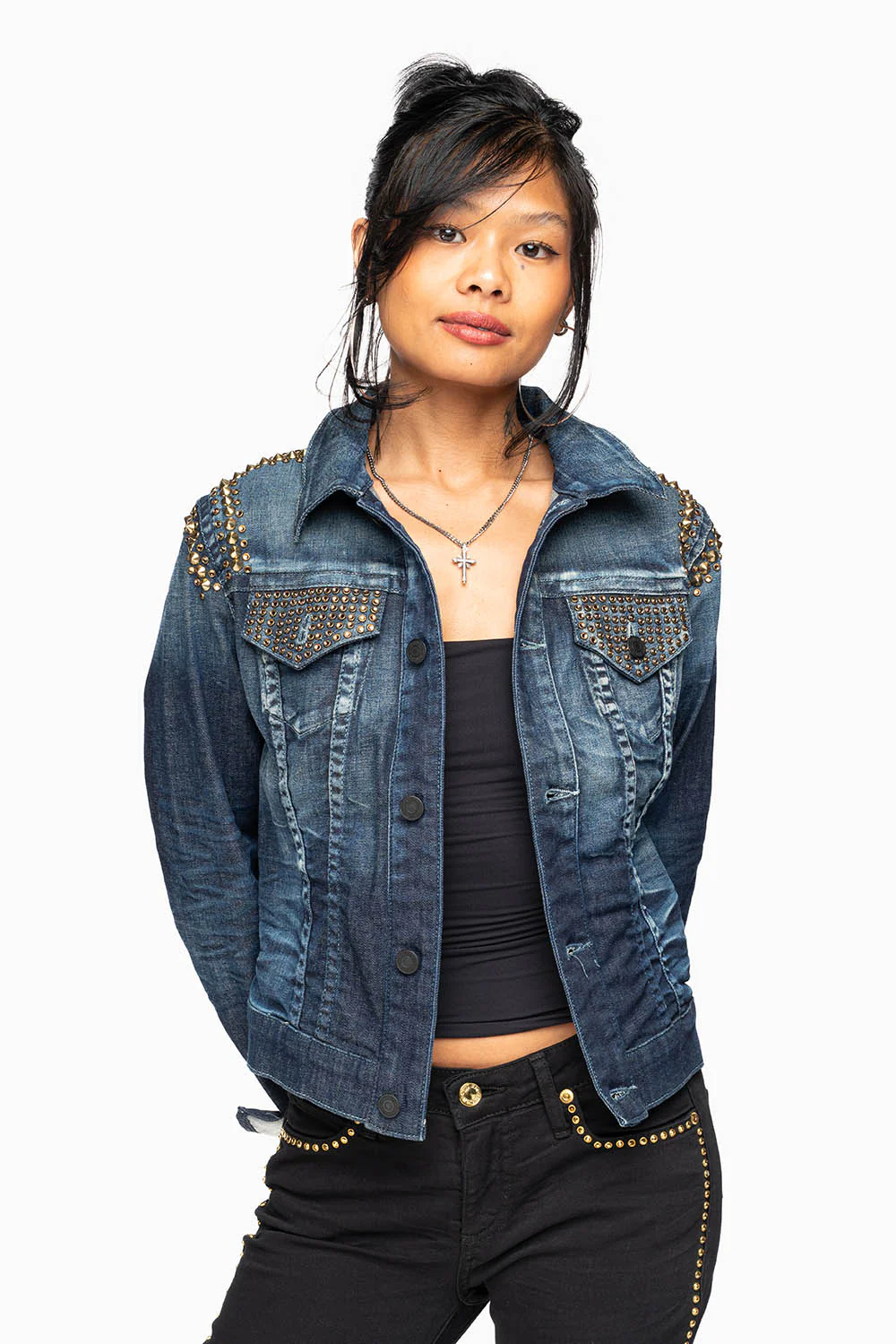 ROBIN'S JEAN DENIM JACKET IN LIBERTY DARK WASH WITH GOLD STUDS AND CRYSTALS - Image 8