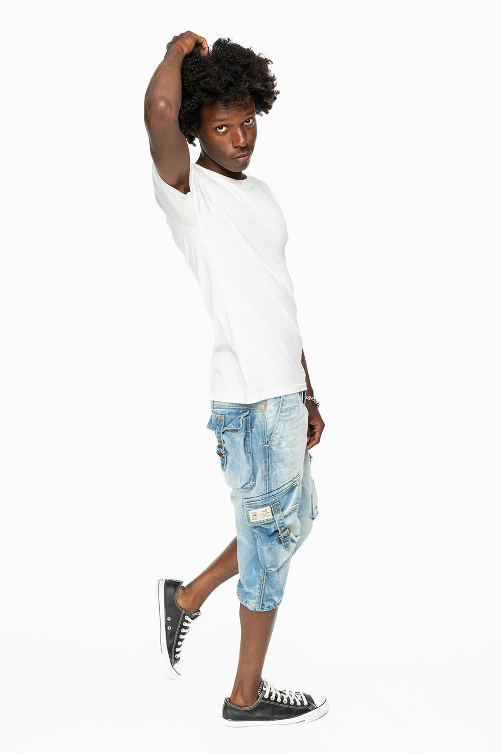 ROBIN'S MILITARY STYLE CARGO SHORTS IN 5D LIGHT BLUE COLOR WASH - Image 7