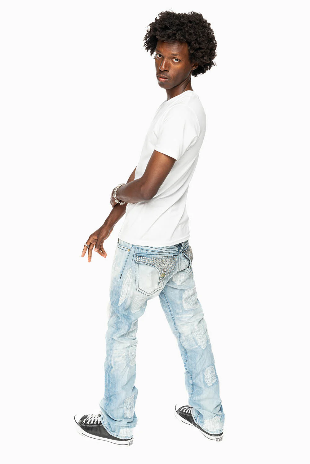 ROBIN'S REPAIRED JEANS IN 5D LIGHT BLUE WASH WITH CLEAR DIAMOND CRYSTALS - Image 5