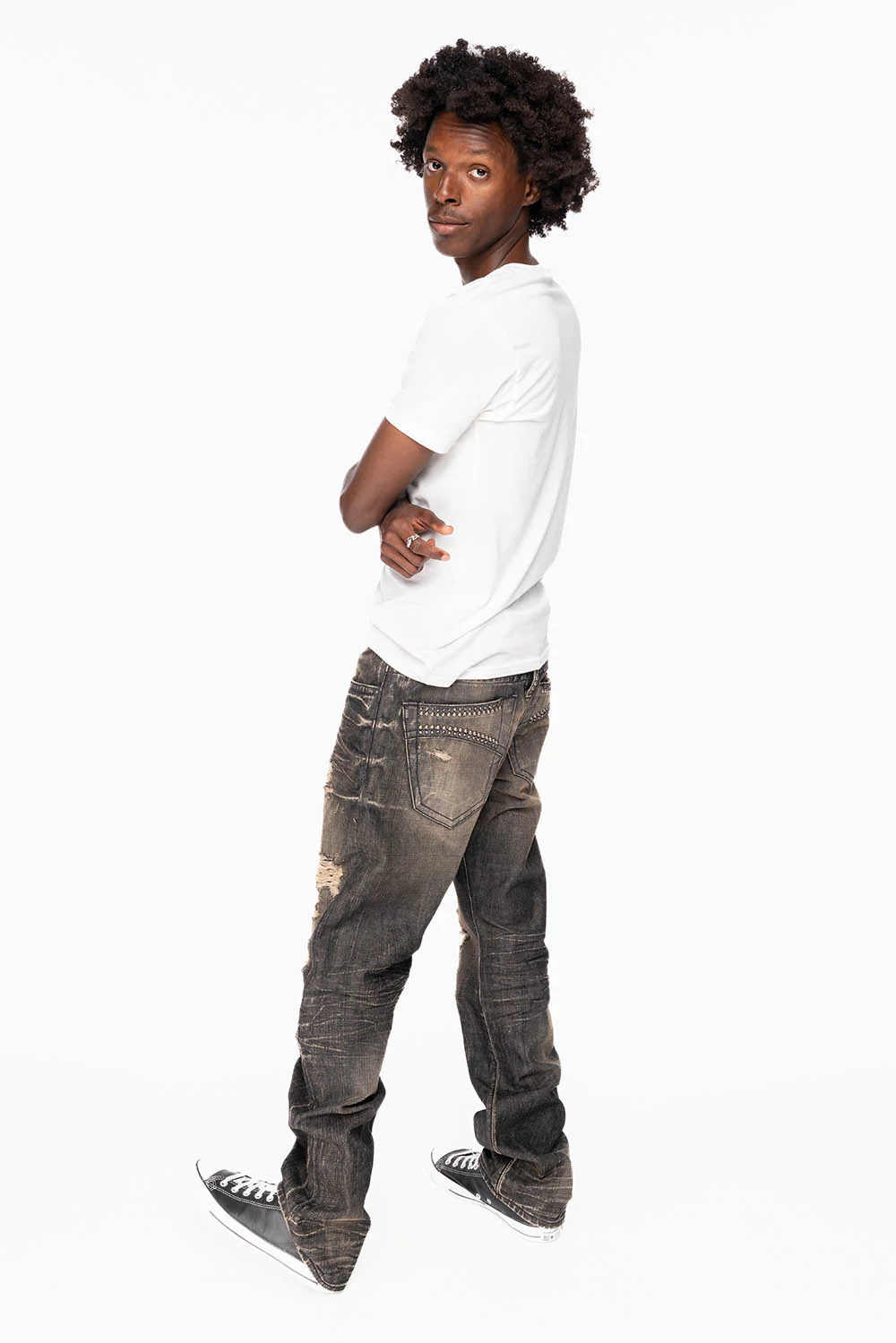 ROBIN'S STRAIGHT LEG  JEANS IN CHARCOAL MODOC BROKEN WASH WITH CRYSTALS AND  NAILHEAD