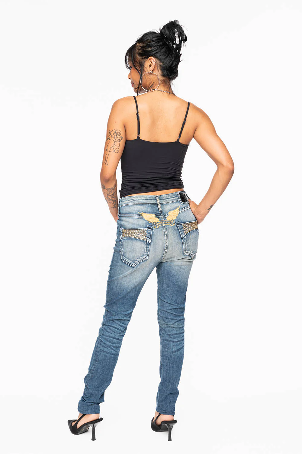 ROBIN'S MIDRISE WOMENS SKINNY JEANS IN LEYTON MEDIUM WASH EMBELLISHED WITH CRYSTALS