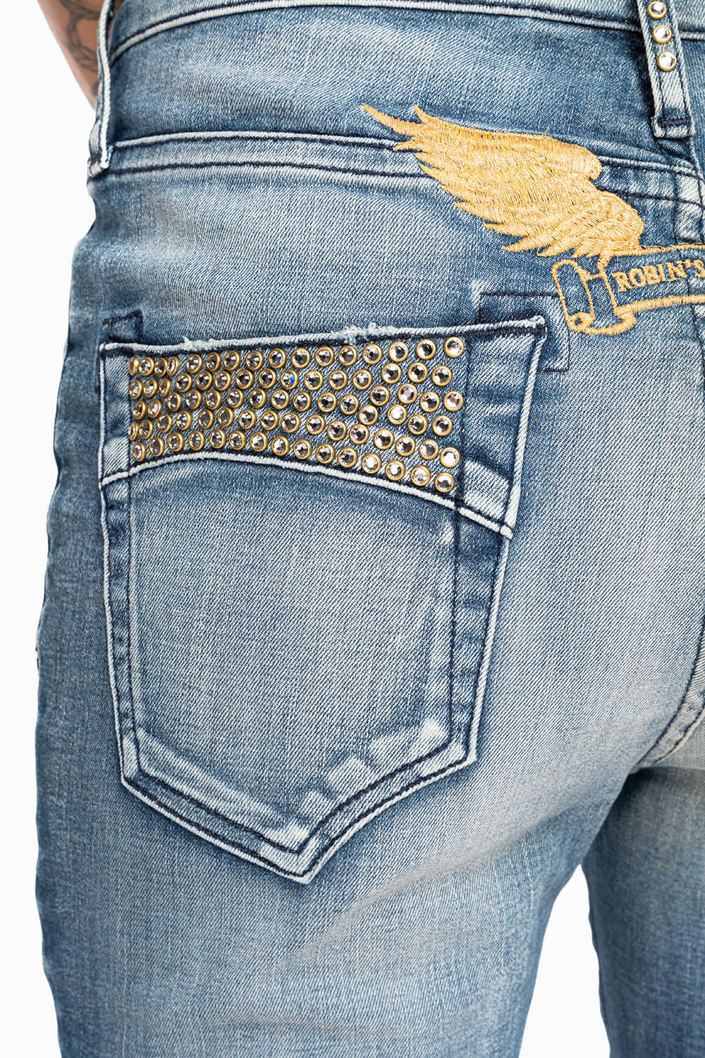 ROBIN'S MIDRISE WOMENS SKINNY JEANS IN LEYTON MEDIUM WASH EMBELLISHED WITH CRYSTALS - Image 2