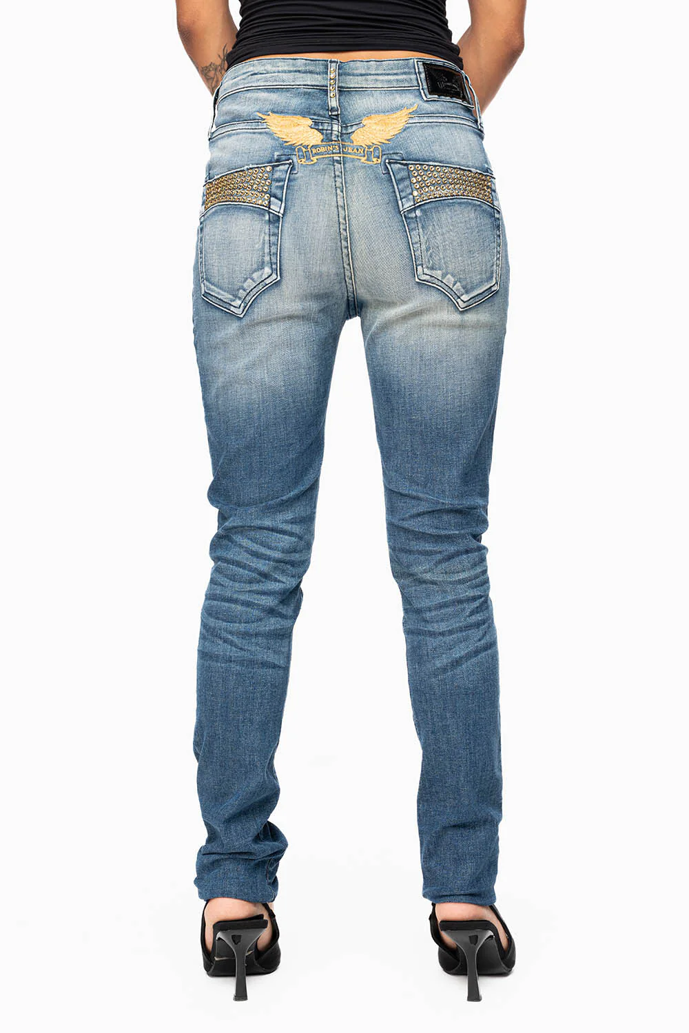 ROBIN'S MIDRISE WOMENS SKINNY JEANS IN LEYTON MEDIUM WASH EMBELLISHED WITH CRYSTALS - Image 4