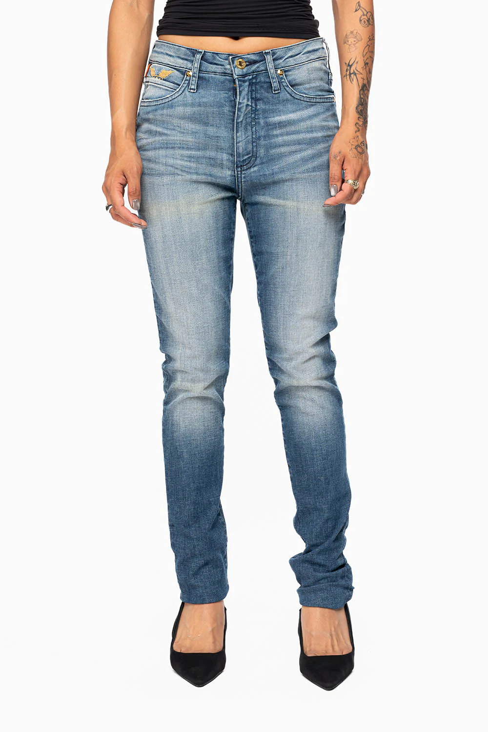 ROBIN'S MIDRISE WOMENS SKINNY JEANS IN LEYTON MEDIUM WASH EMBELLISHED WITH CRYSTALS - Image 5