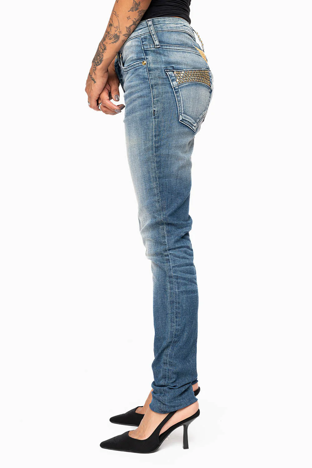 ROBIN'S MIDRISE WOMENS SKINNY JEANS IN LEYTON MEDIUM WASH EMBELLISHED WITH CRYSTALS - Image 6