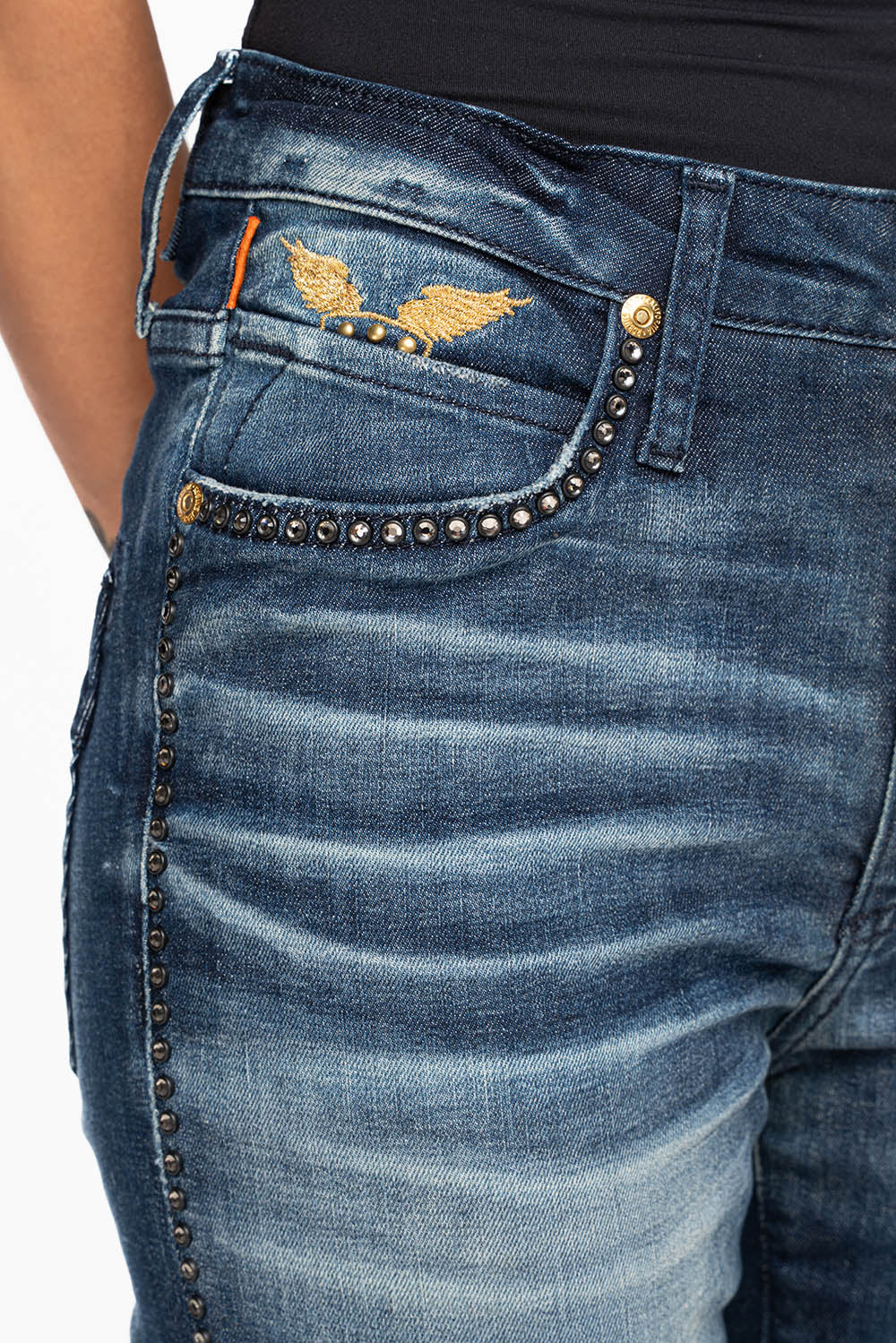 ROBIN'S MIDRISE WOMENS SKINNY JEANS IN LIBERTY DARK WASH EMBELLISHED WITH CRYSTALS - Image 3