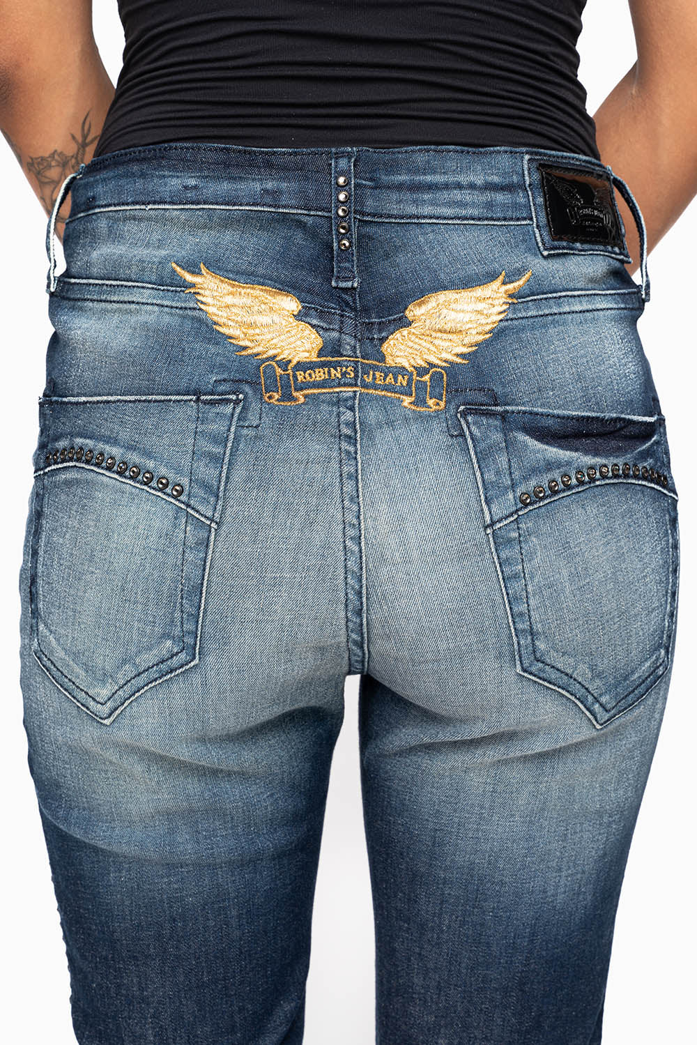 ROBIN'S MIDRISE WOMENS SKINNY JEANS IN LIBERTY DARK WASH EMBELLISHED WITH CRYSTALS - Image 4