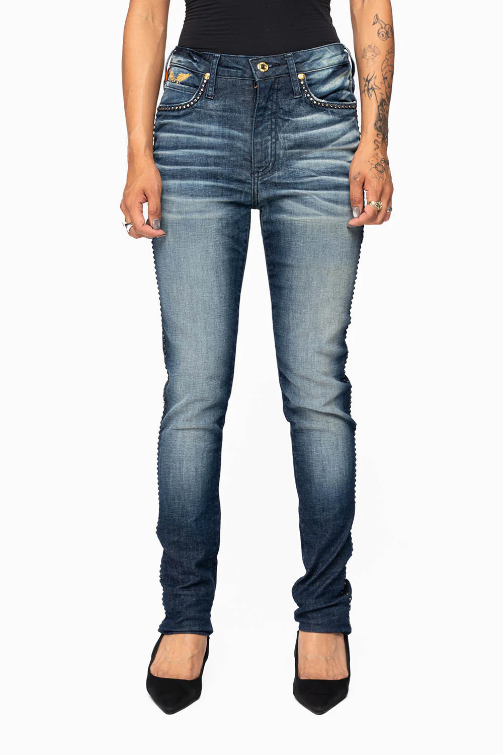 ROBIN'S MIDRISE WOMENS SKINNY JEANS IN LIBERTY DARK WASH EMBELLISHED WITH CRYSTALS - Image 5