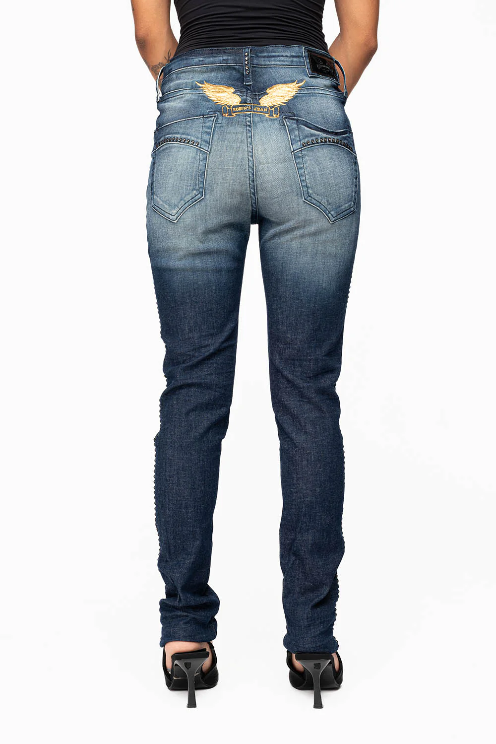 ROBIN'S MIDRISE WOMENS SKINNY JEANS IN LIBERTY DARK WASH EMBELLISHED WITH CRYSTALS - Image 7