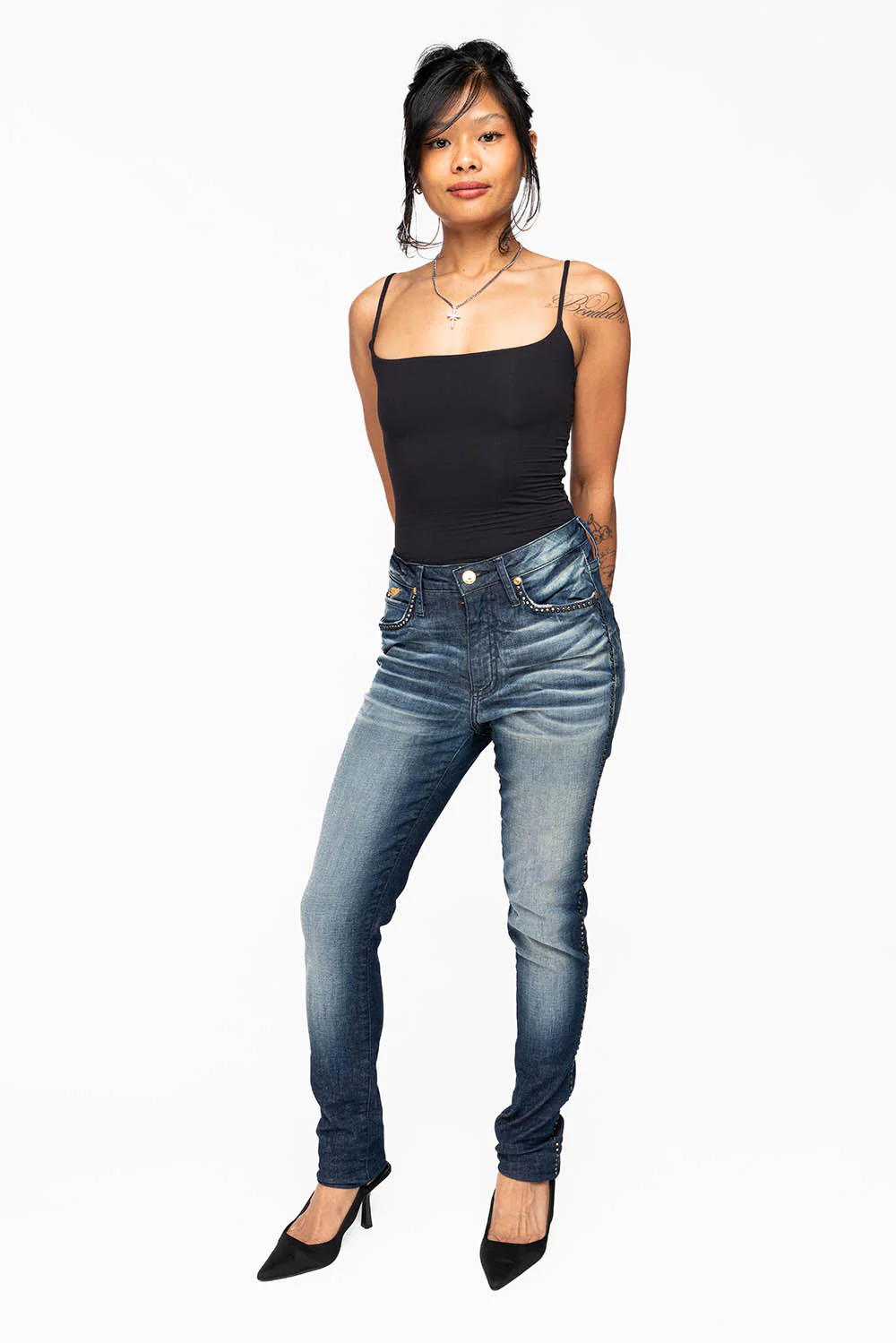 ROBIN'S MIDRISE WOMENS SKINNY JEANS IN LIBERTY DARK WASH EMBELLISHED WITH CRYSTALS - Image 8