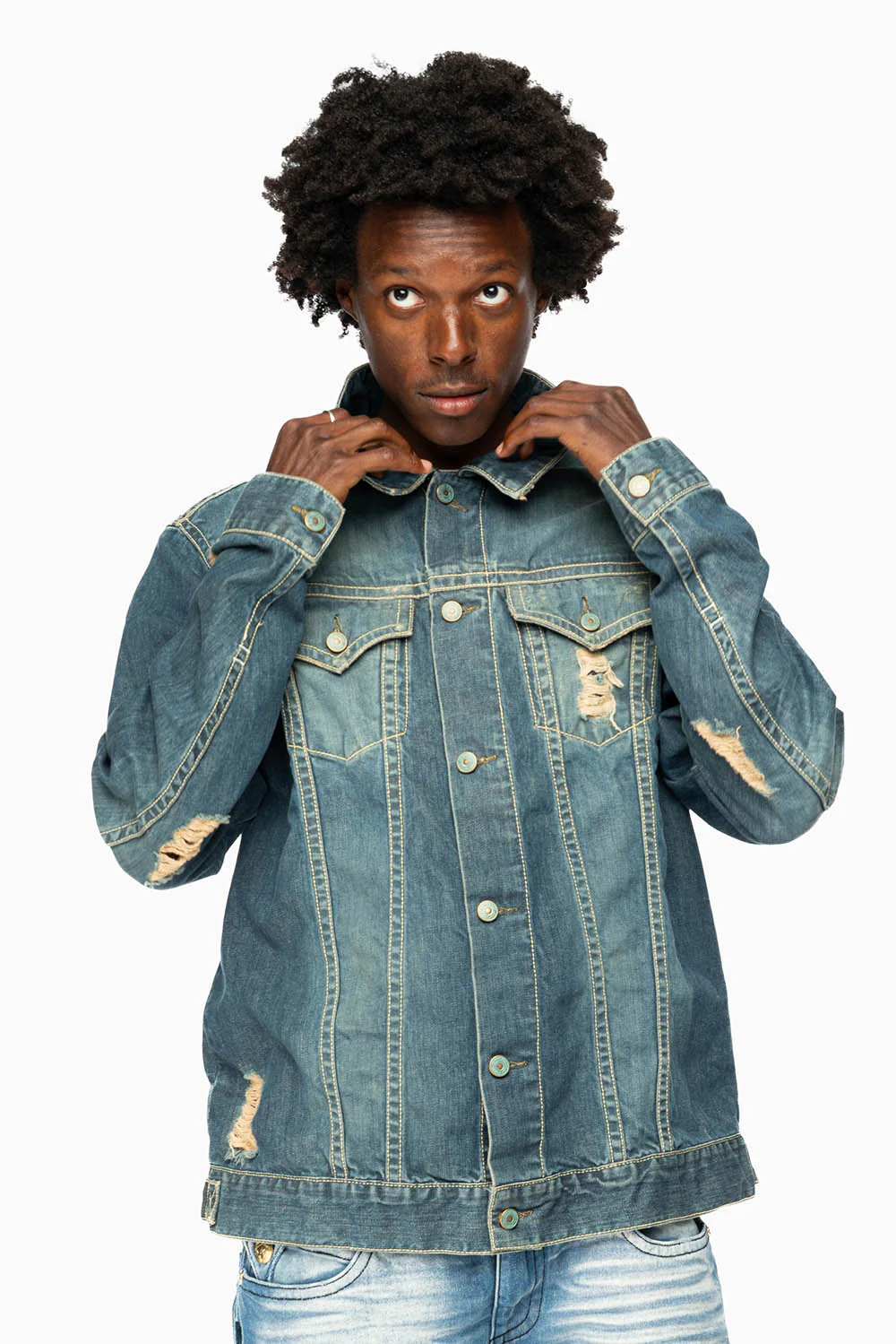 ROBINS MOTORCYCLE CLUB DENIM JACKET IN MEDIUM BLUE BROKEN WASH WITH PATCHES - Image 4