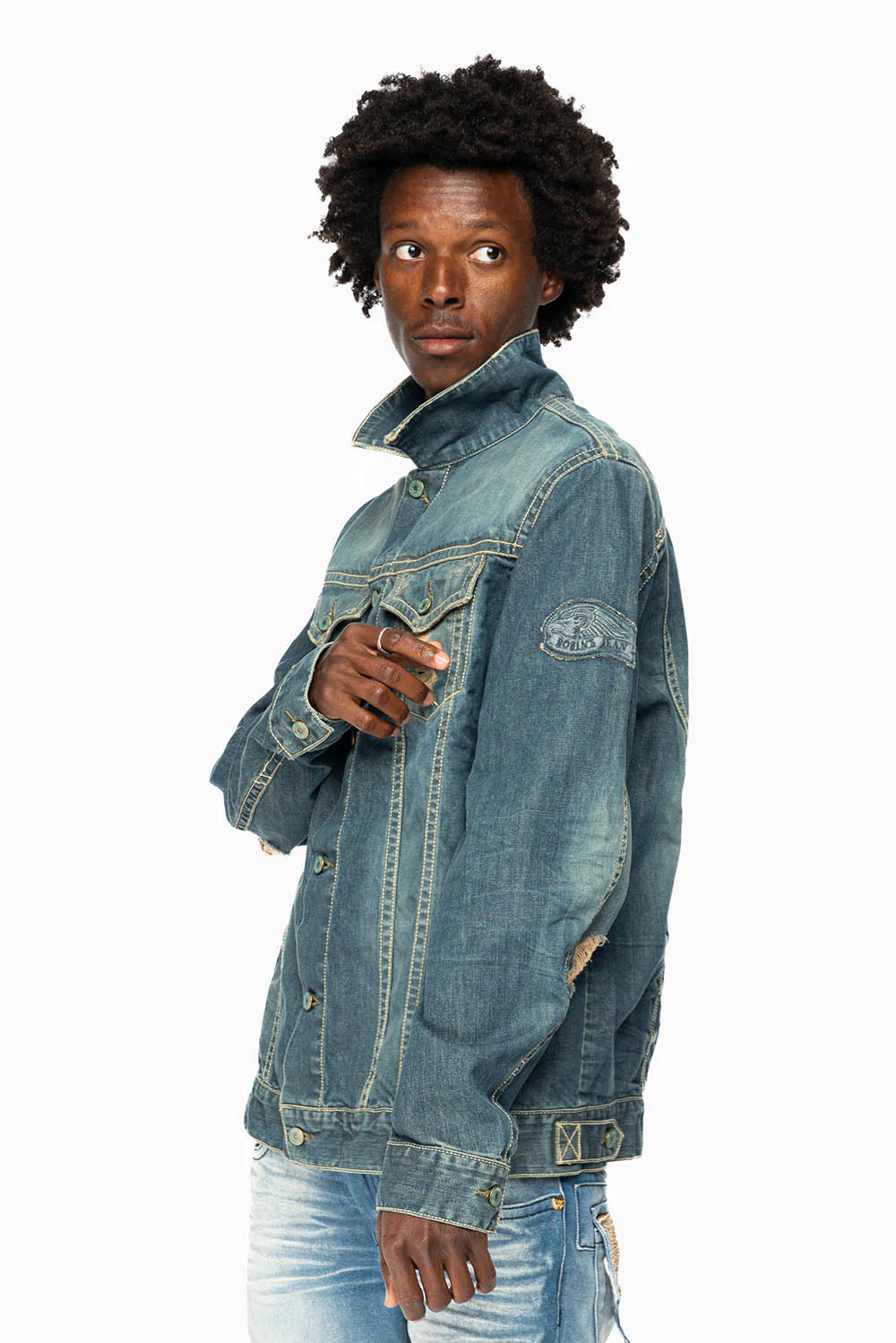 ROBINS MOTORCYCLE CLUB DENIM JACKET IN MEDIUM BLUE BROKEN WASH WITH PATCHES - Image 5