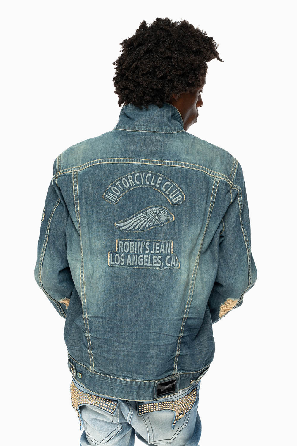 ROBINS MOTORCYCLE CLUB DENIM JACKET IN MEDIUM BLUE BROKEN WASH WITH PATCHES - Image 8
